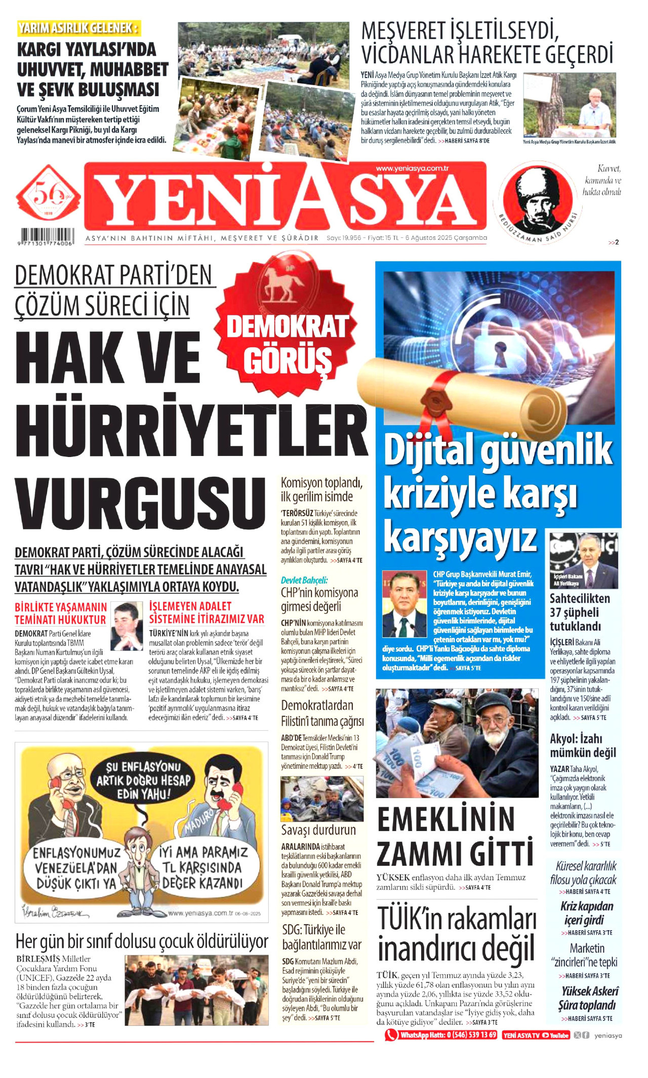 YENİ ASYA gazetesinin 6 Ağustos 2025 tarihli birinci sayfası
