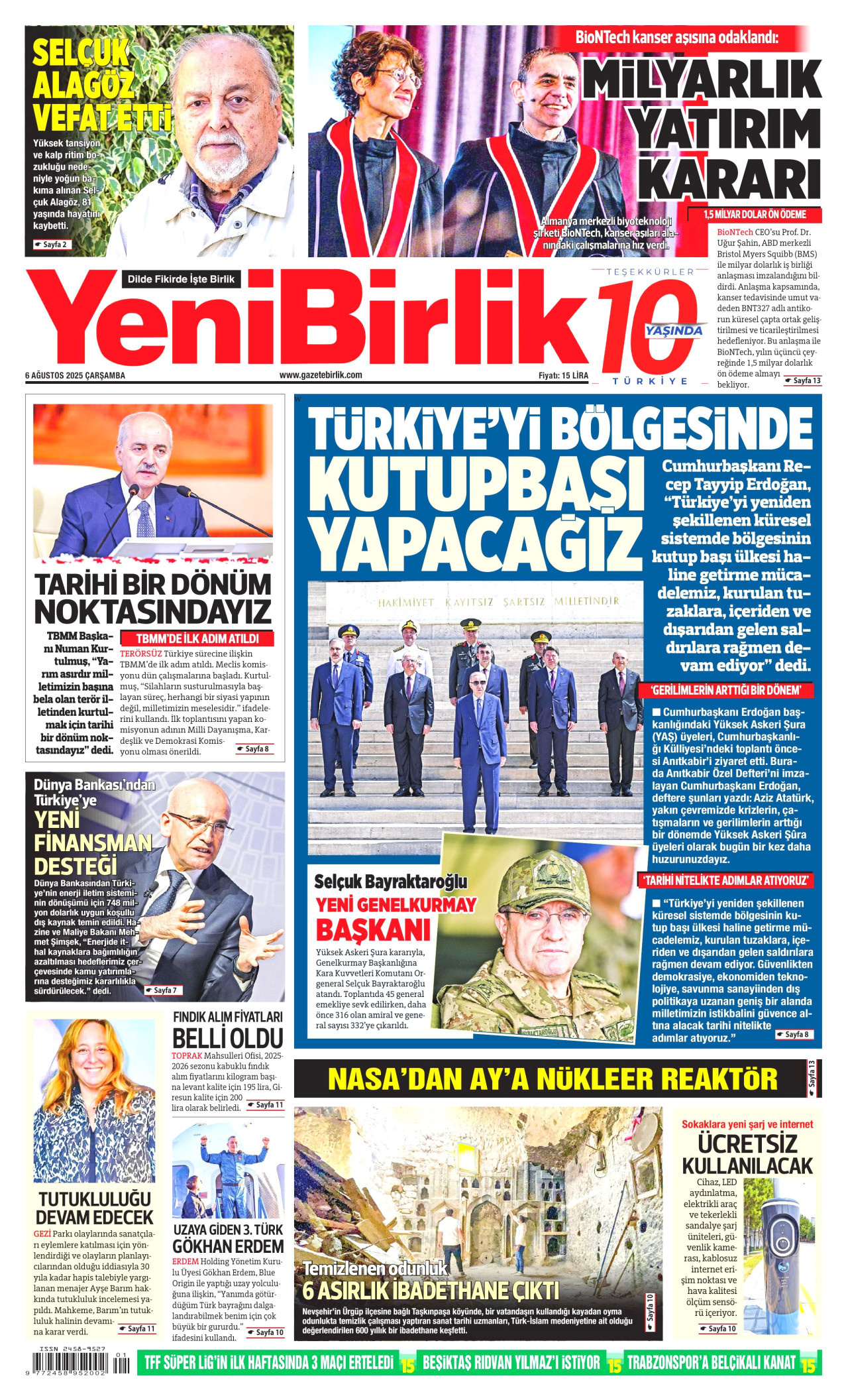 YENİBİRLİK gazetesinin 6 Ağustos 2025 tarihli birinci sayfası