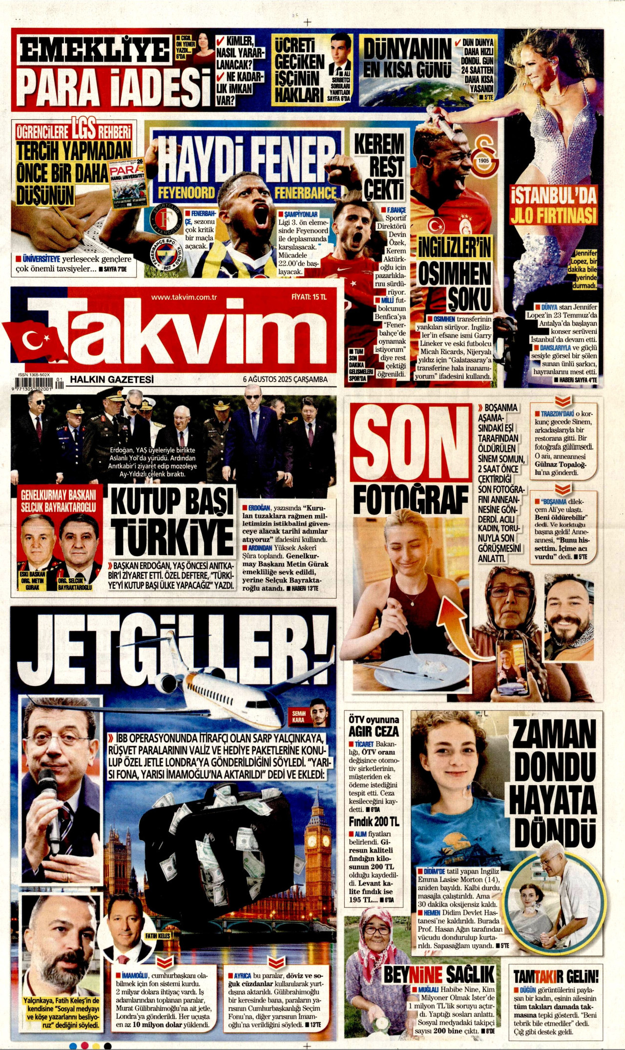 TAKVİM gazetesinin 6 Ağustos 2025 tarihli birinci sayfası