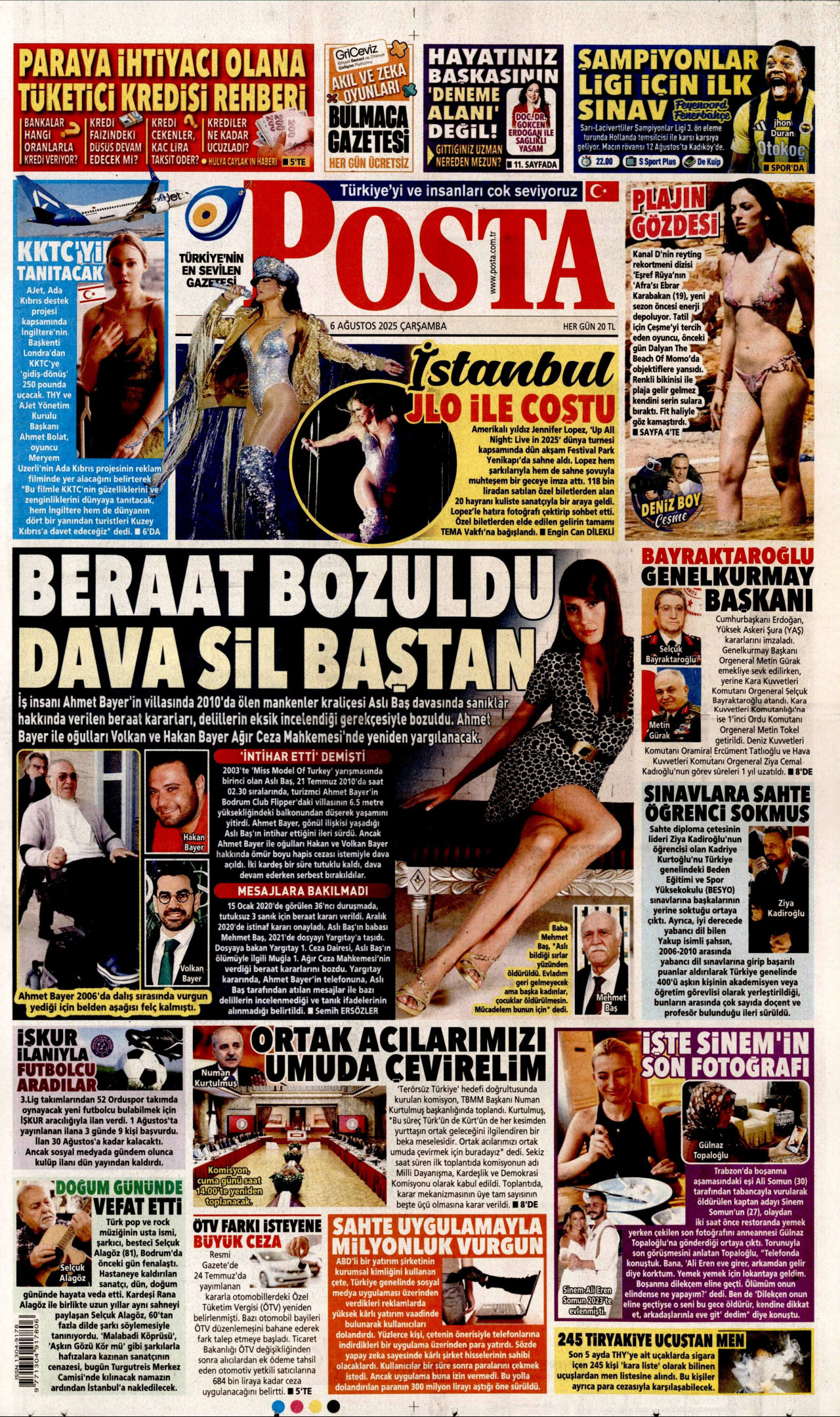 POSTA gazetesinin 6 Ağustos 2025 tarihli birinci sayfası