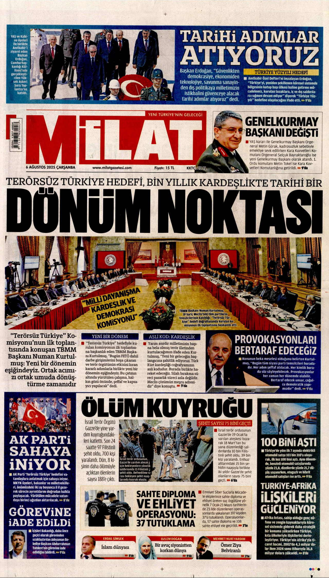 MİLAT gazetesinin 6 Ağustos 2025 tarihli birinci sayfası