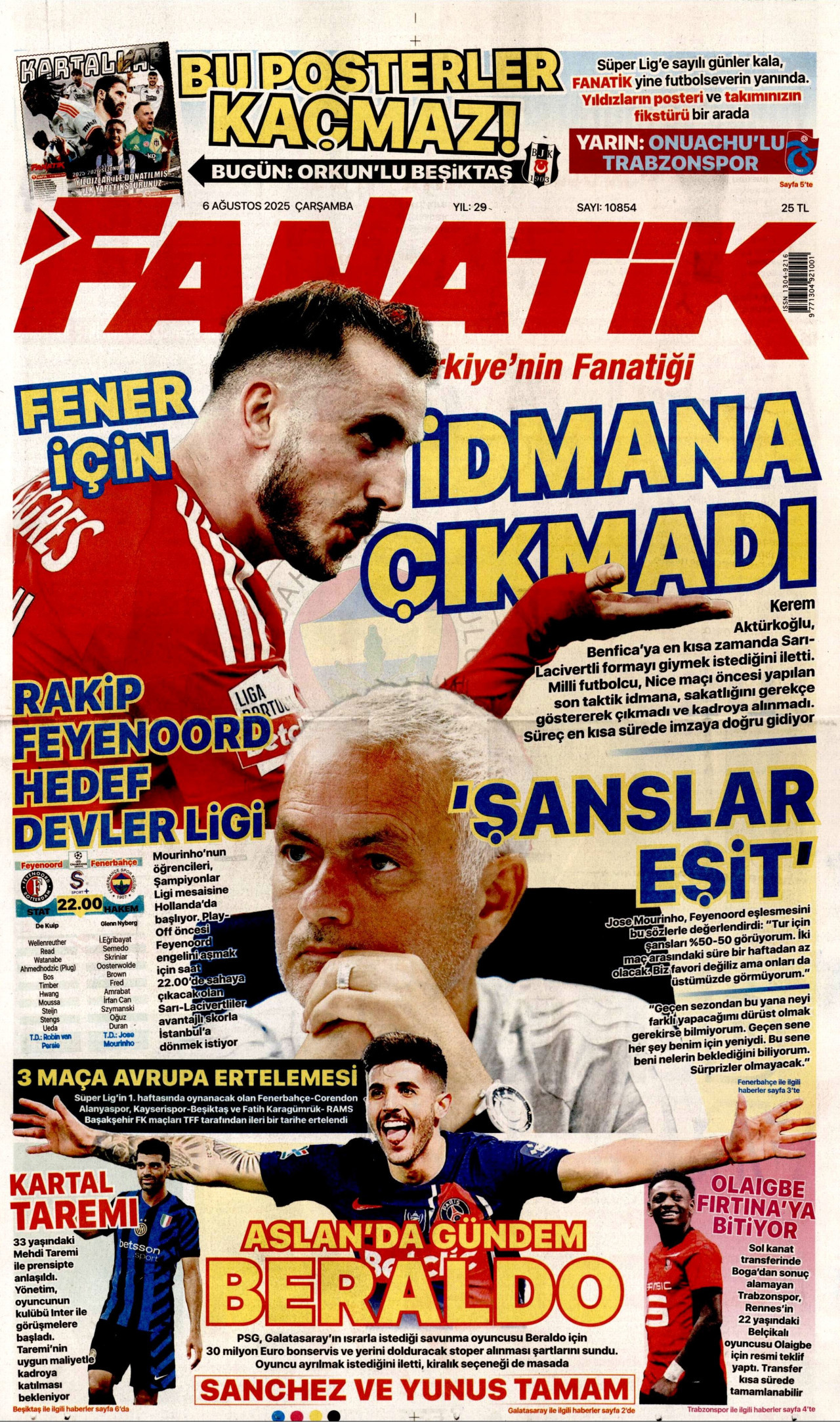 FANATİK gazetesinin 6 Ağustos 2025 tarihli birinci sayfası