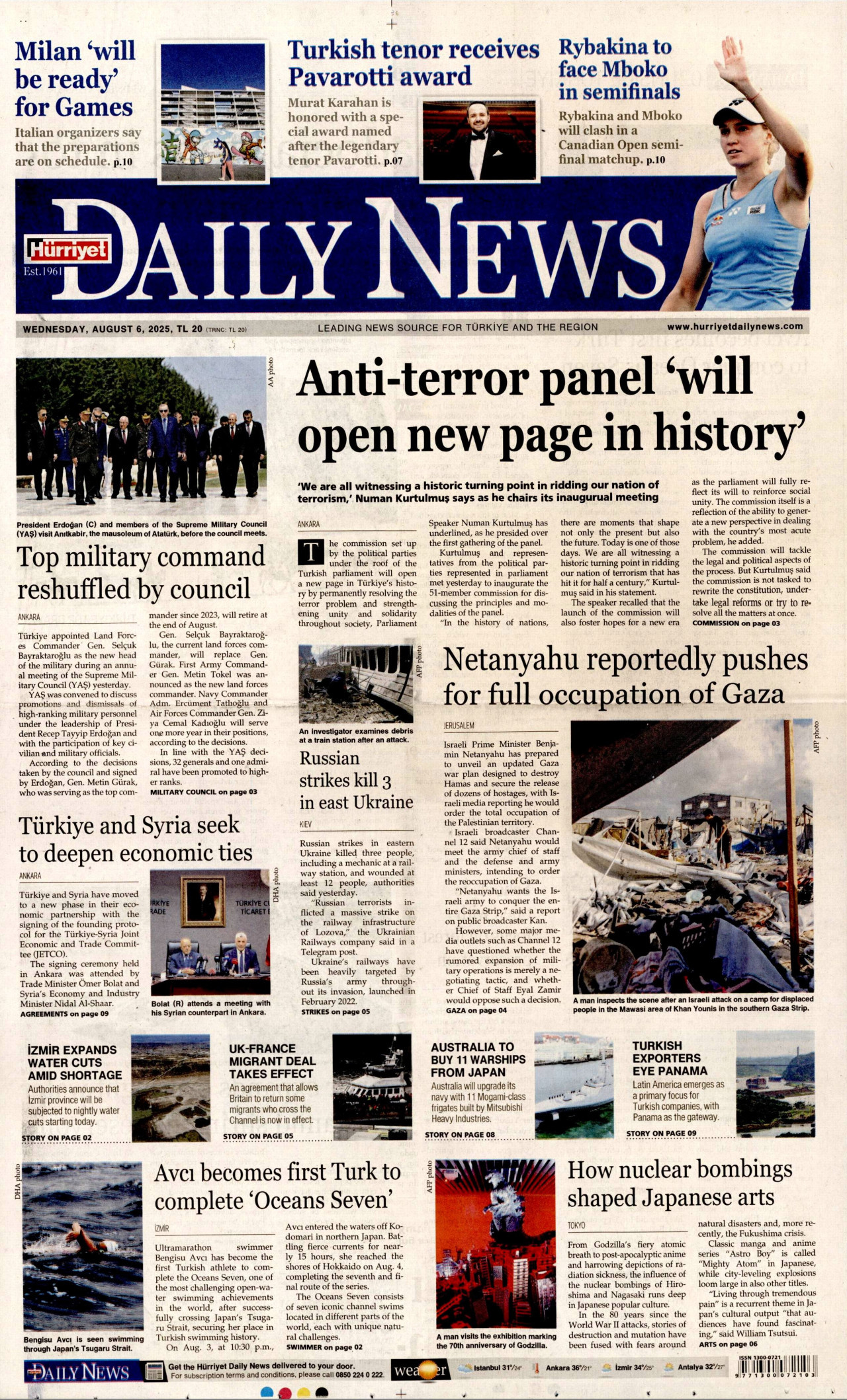 HÜRRİYET DAİLY NEWS gazetesinin 6 Ağustos 2025 tarihli birinci sayfası