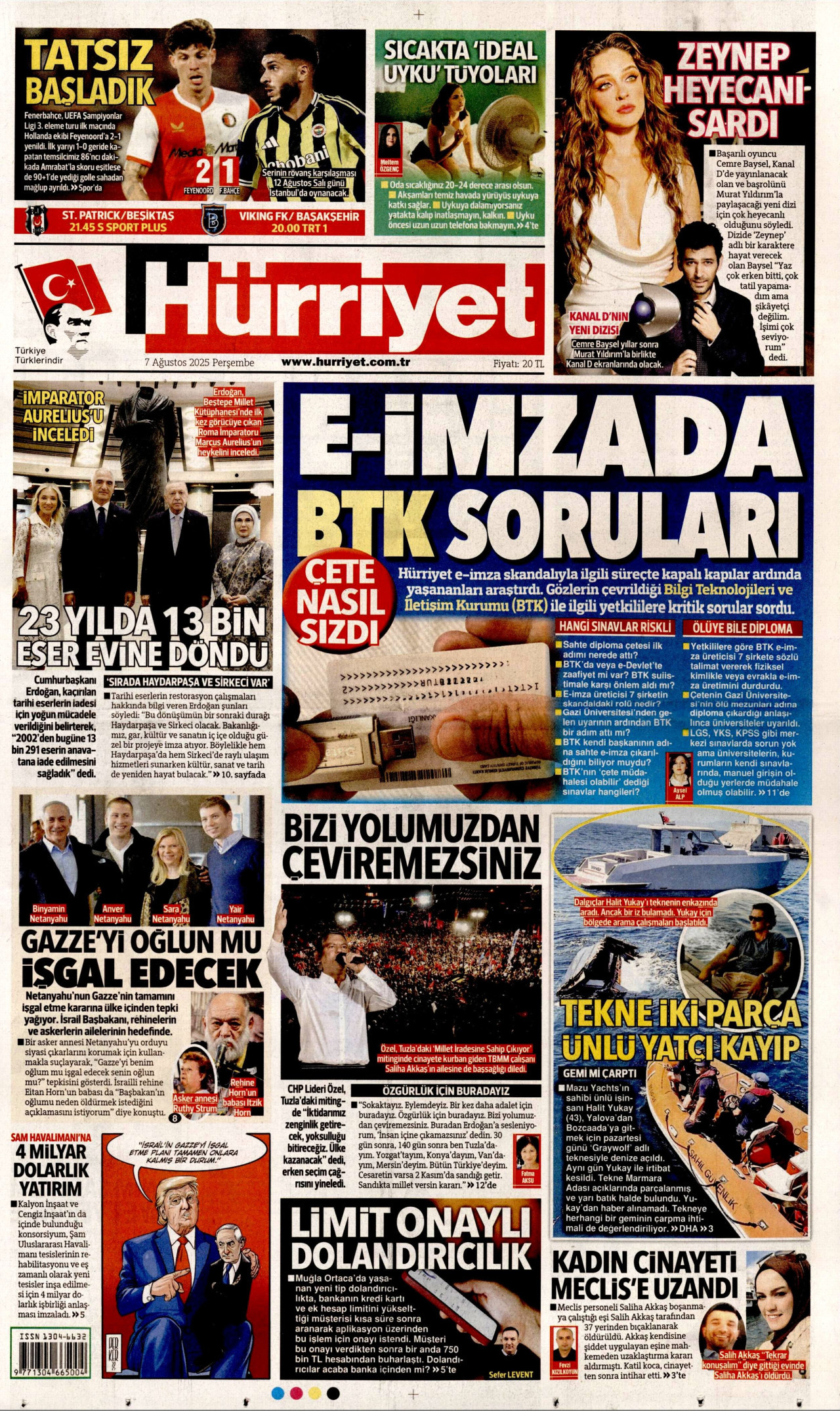 HÜRRİYET gazetesinin 7 Ağustos 2025 tarihli birinci sayfası