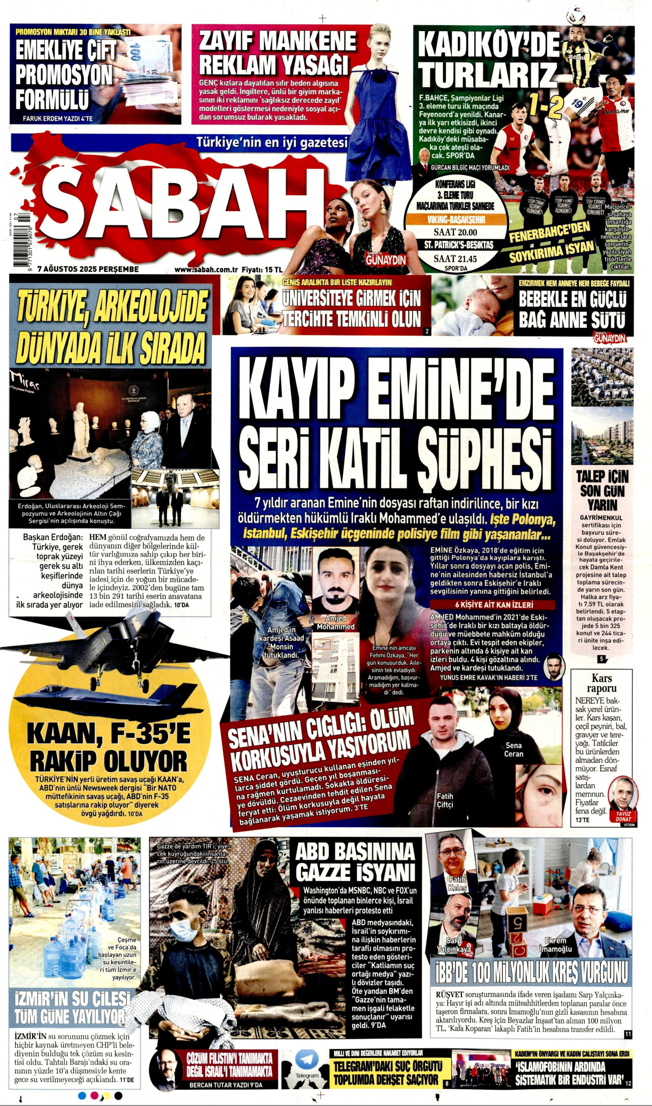 SABAH gazetesinin 7 Ağustos 2025 tarihli birinci sayfası