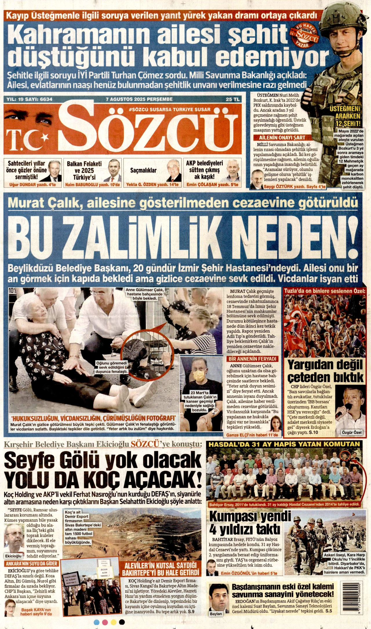 SÖZCÜ gazetesinin 7 Ağustos 2025 tarihli birinci sayfası