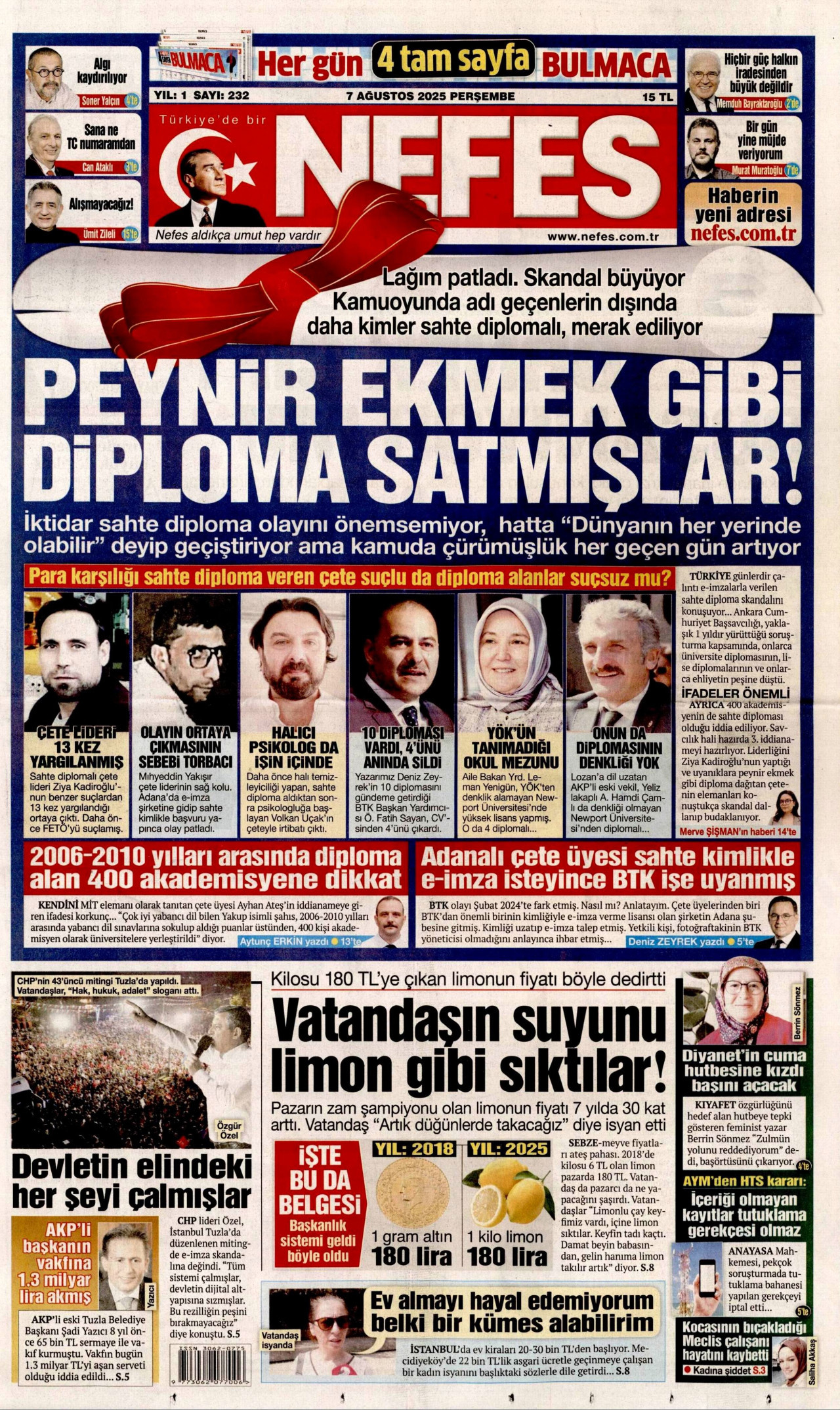 NEFES gazetesinin 7 Ağustos 2025 tarihli birinci sayfası