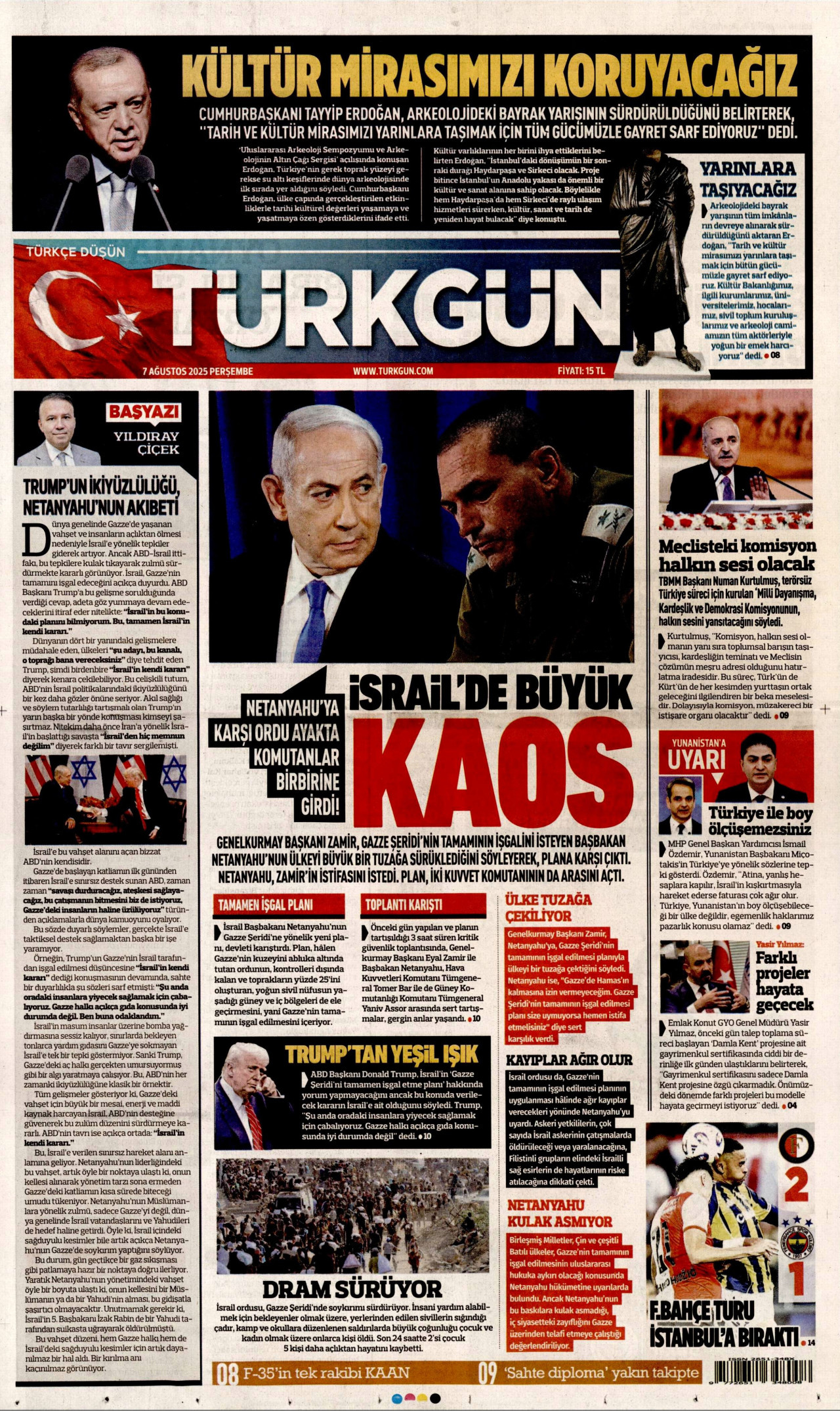 TÜRKGÜN gazetesinin 7 Ağustos 2025 tarihli birinci sayfası