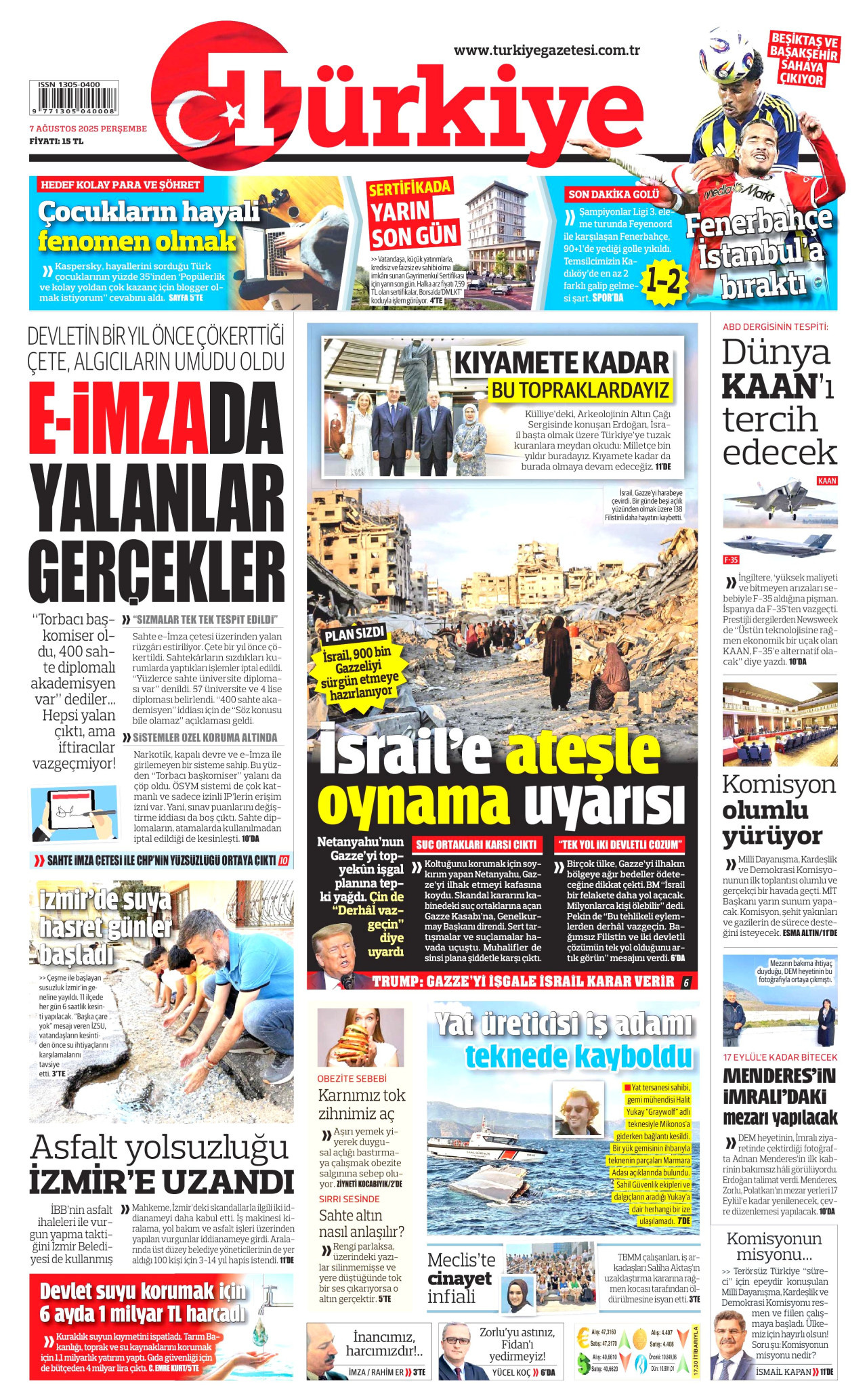 TÜRKİYE GAZETESİ gazetesinin 7 Ağustos 2025 tarihli birinci sayfası