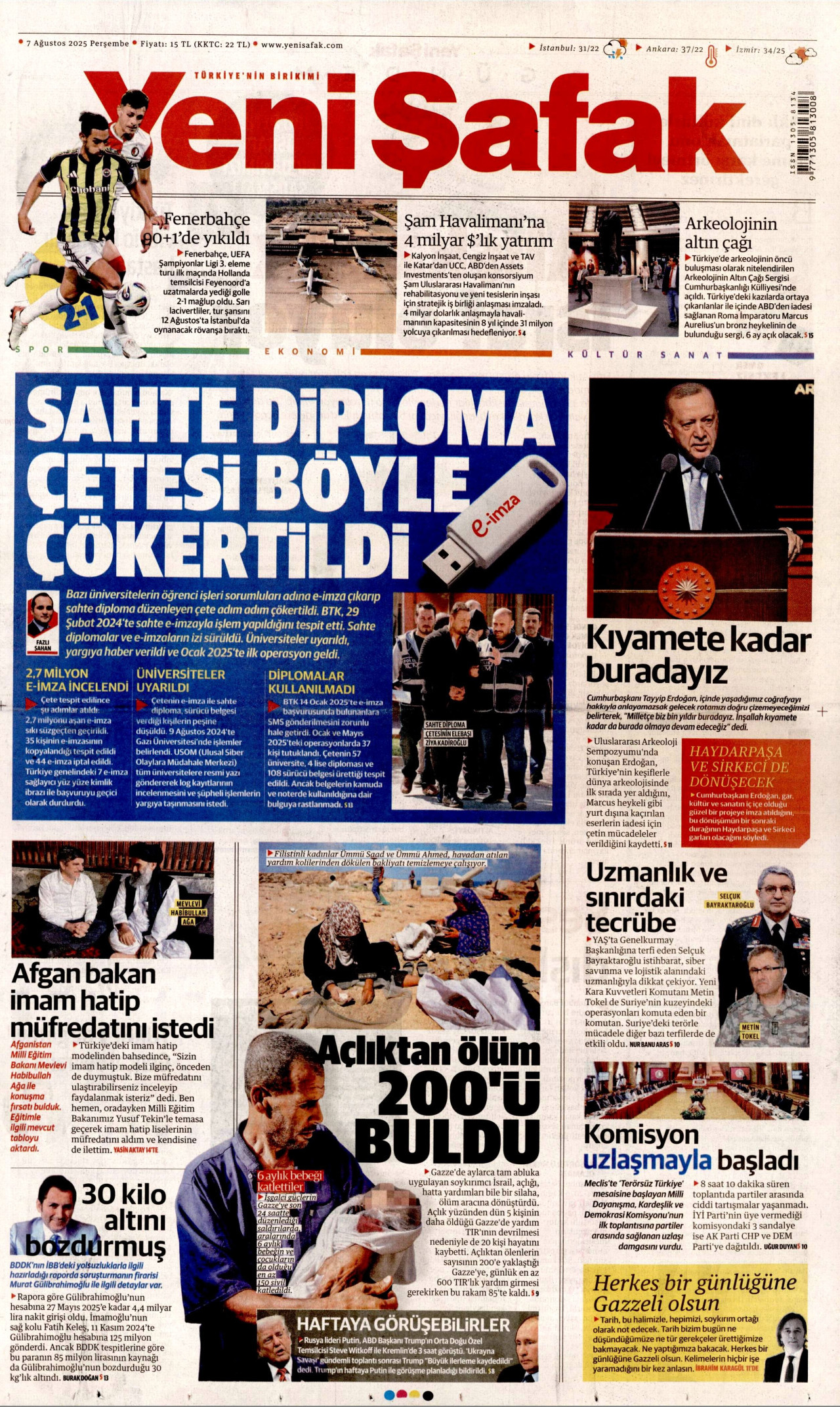 YENİ ŞAFAK gazetesinin 7 Ağustos 2025 tarihli birinci sayfası
