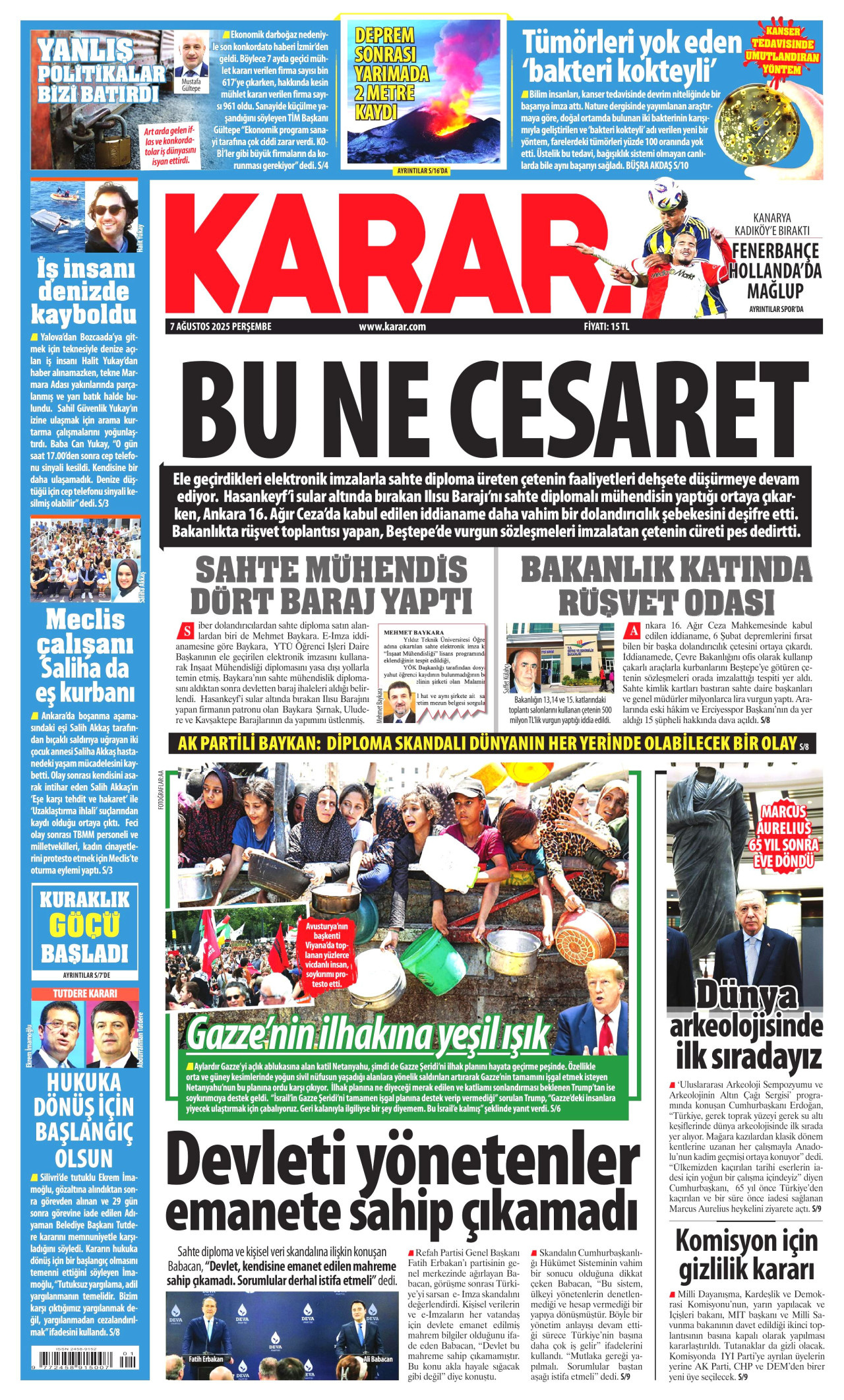 KARAR gazetesinin 7 Ağustos 2025 tarihli birinci sayfası