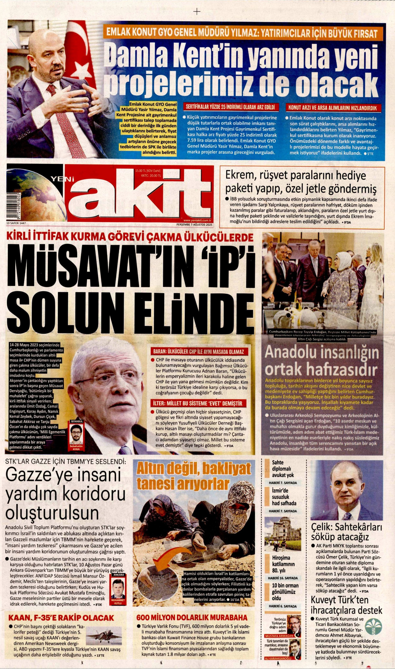 YENİ AKİT gazetesinin 7 Ağustos 2025 tarihli birinci sayfası