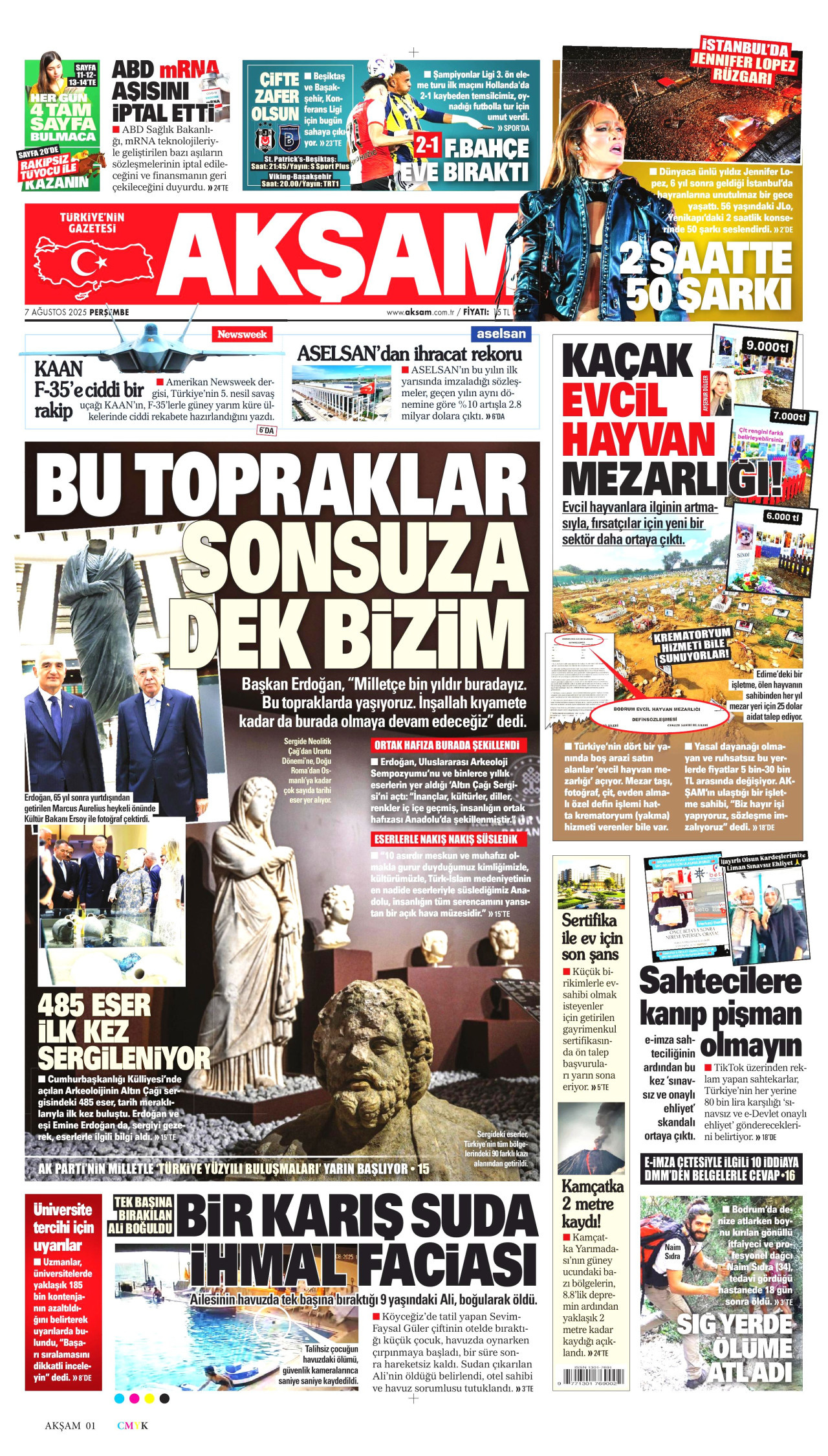AKŞAM gazetesinin 7 Ağustos 2025 tarihli birinci sayfası
