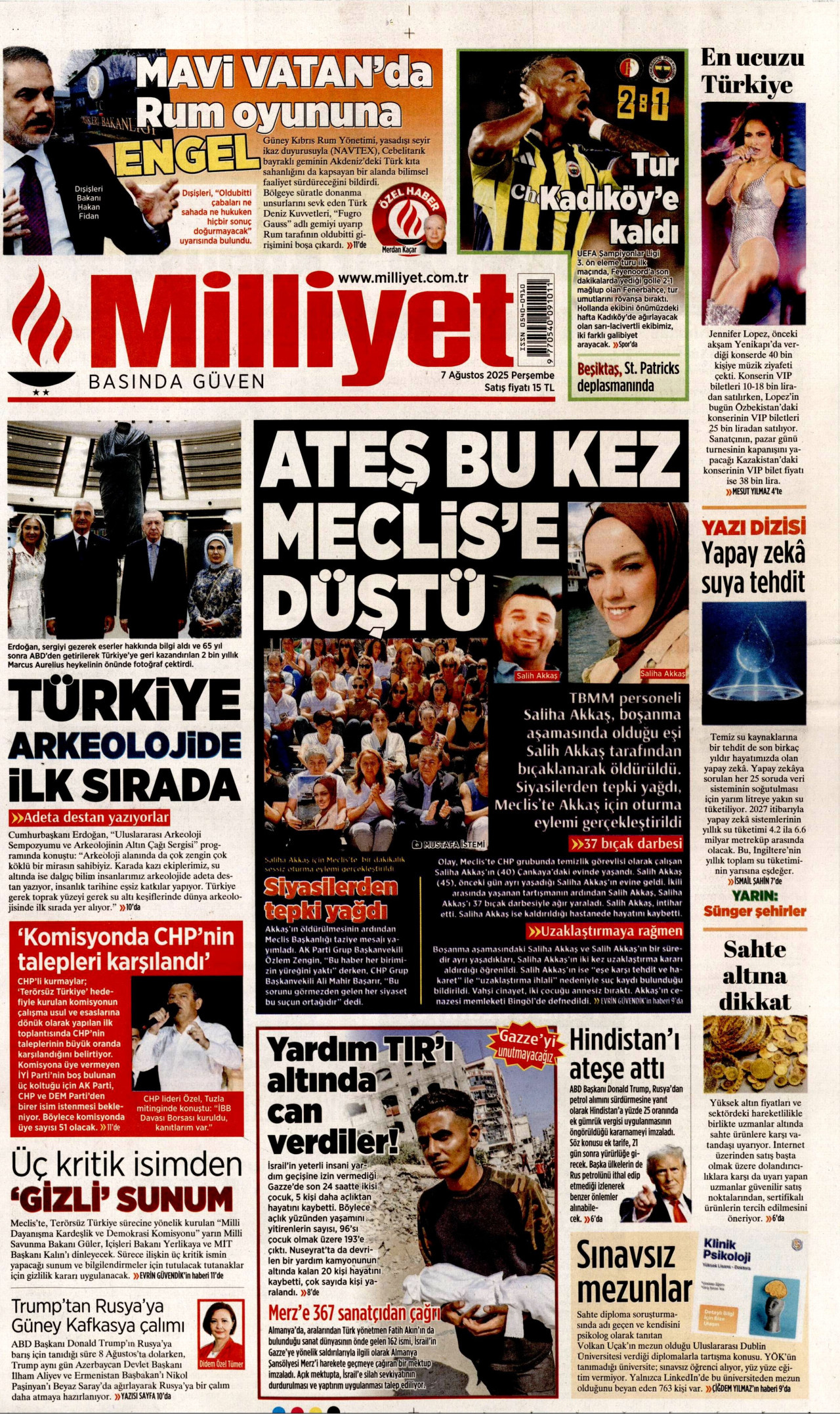 MİLLİYET gazetesinin 7 Ağustos 2025 tarihli birinci sayfası
