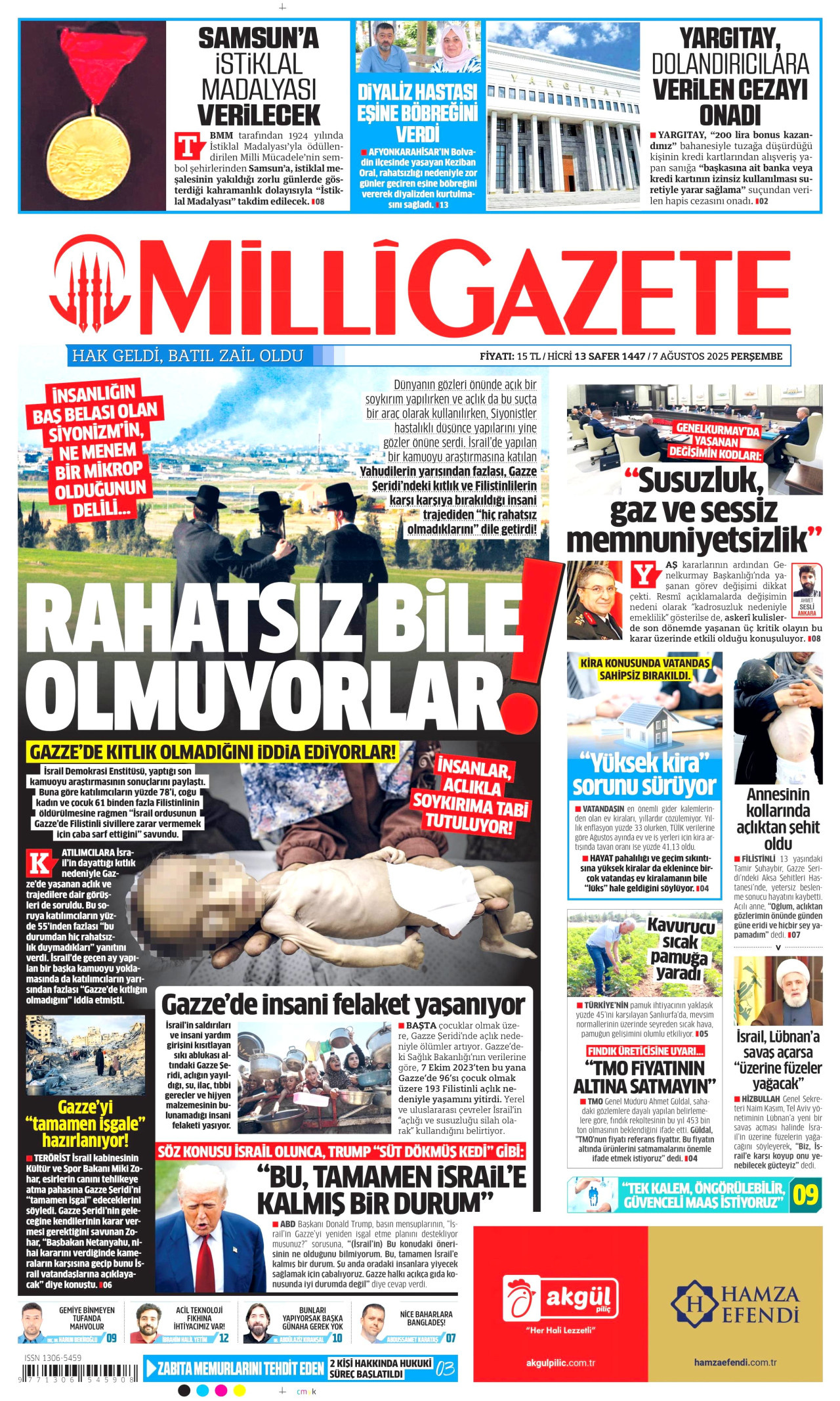 MİLLİ GAZETE gazetesinin 7 Ağustos 2025 tarihli birinci sayfası