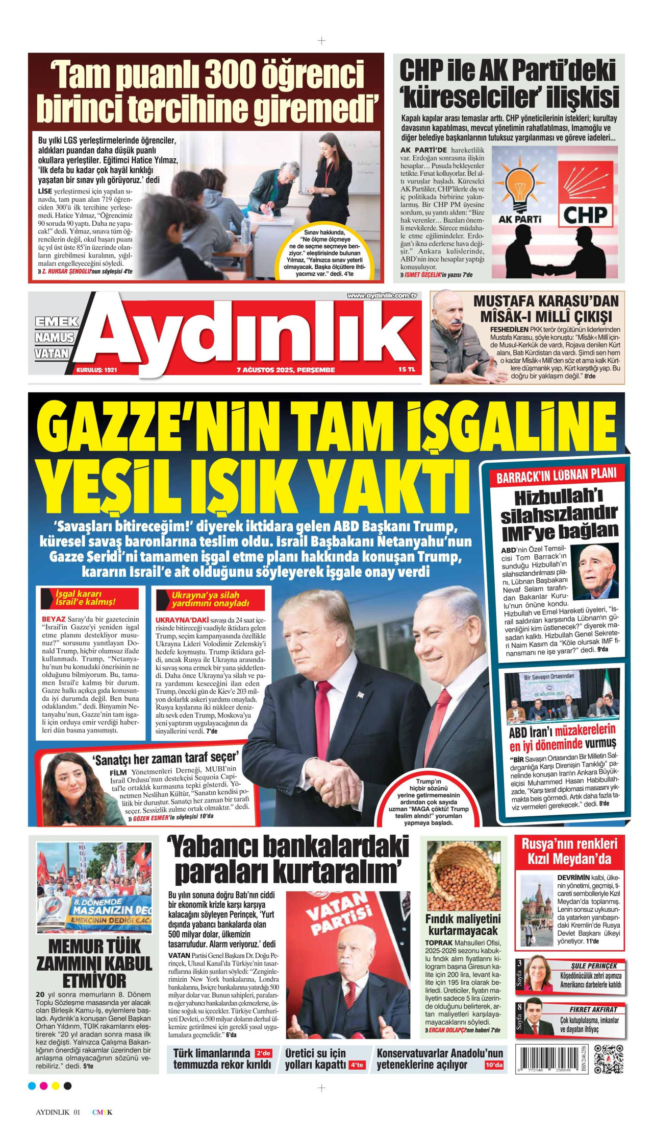 AYDINLIK GAZETESİ gazetesinin 7 Ağustos 2025 tarihli birinci sayfası