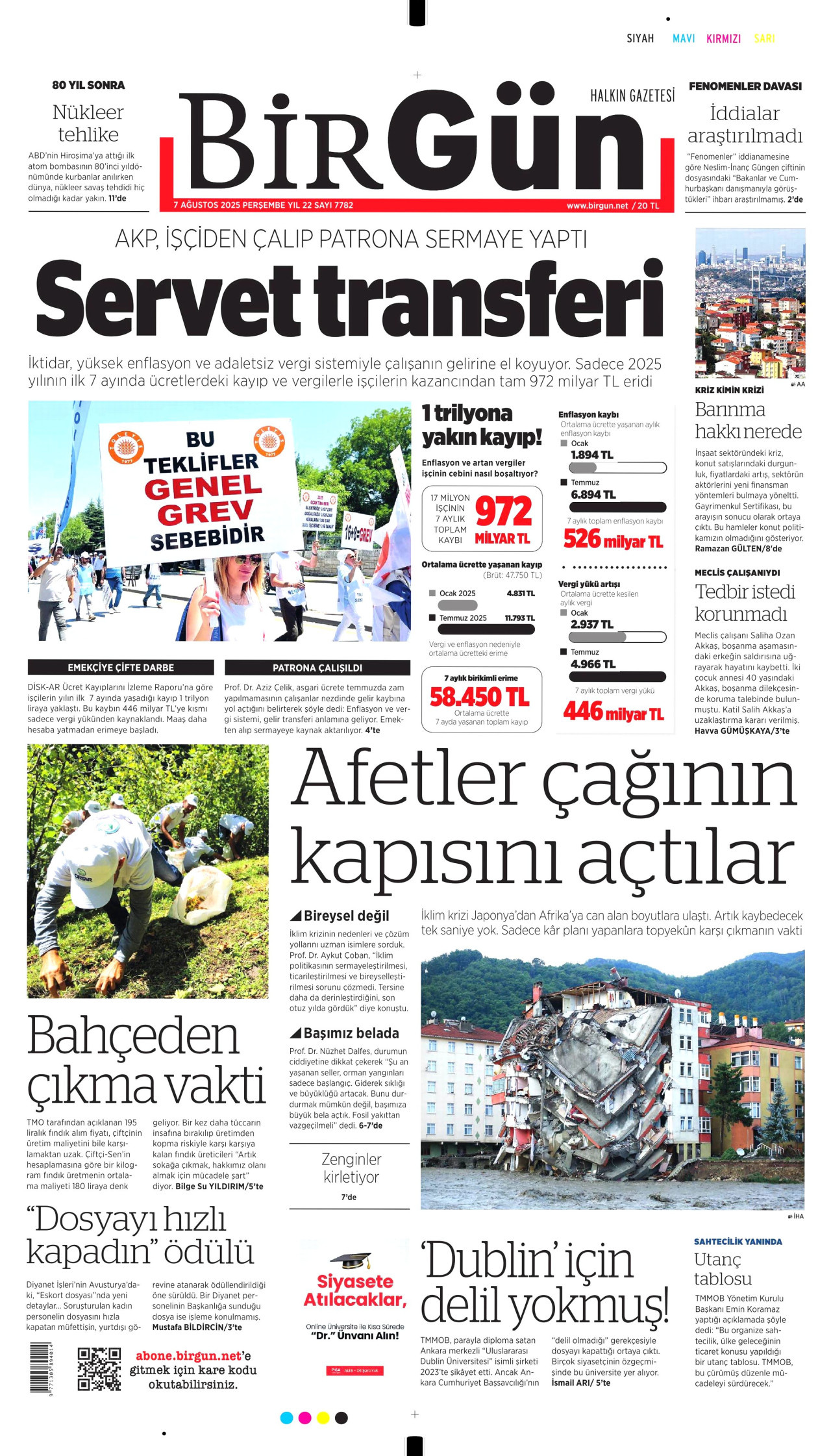 BİRGÜN gazetesinin 7 Ağustos 2025 tarihli birinci sayfası