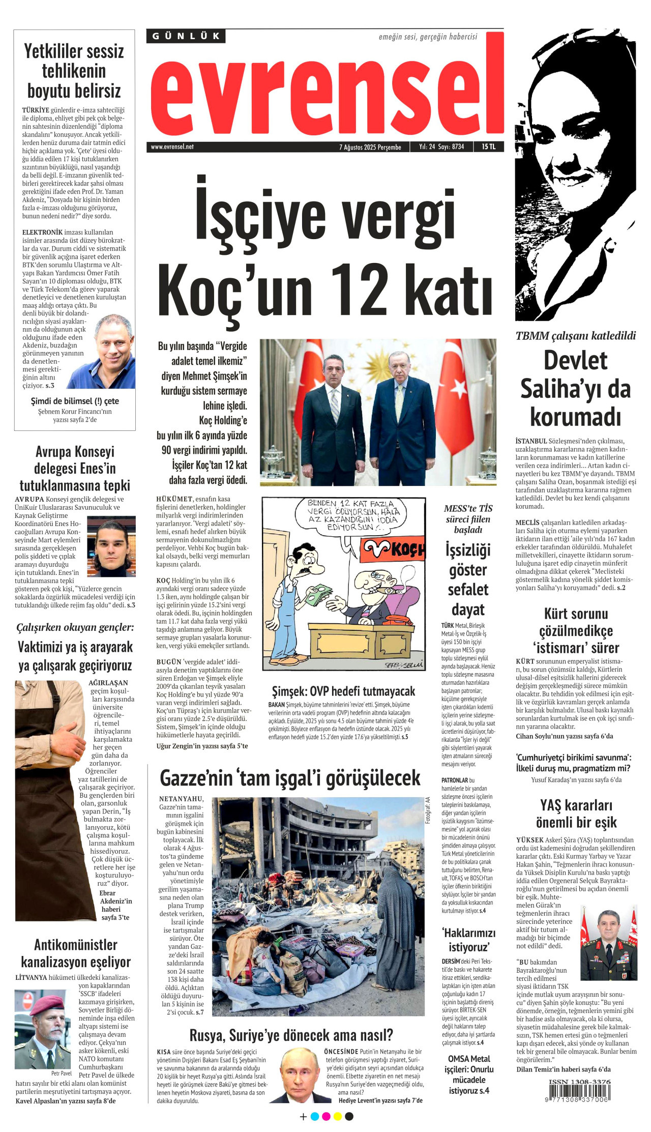 EVRENSEL gazetesinin 7 Ağustos 2025 tarihli birinci sayfası