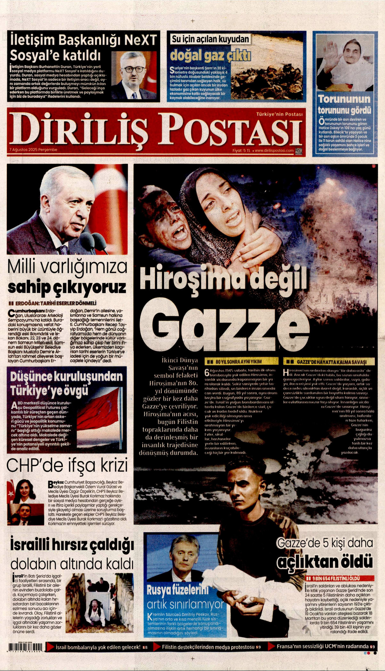 DİRİLİŞ POSTASI gazetesinin 7 Ağustos 2025 tarihli birinci sayfası