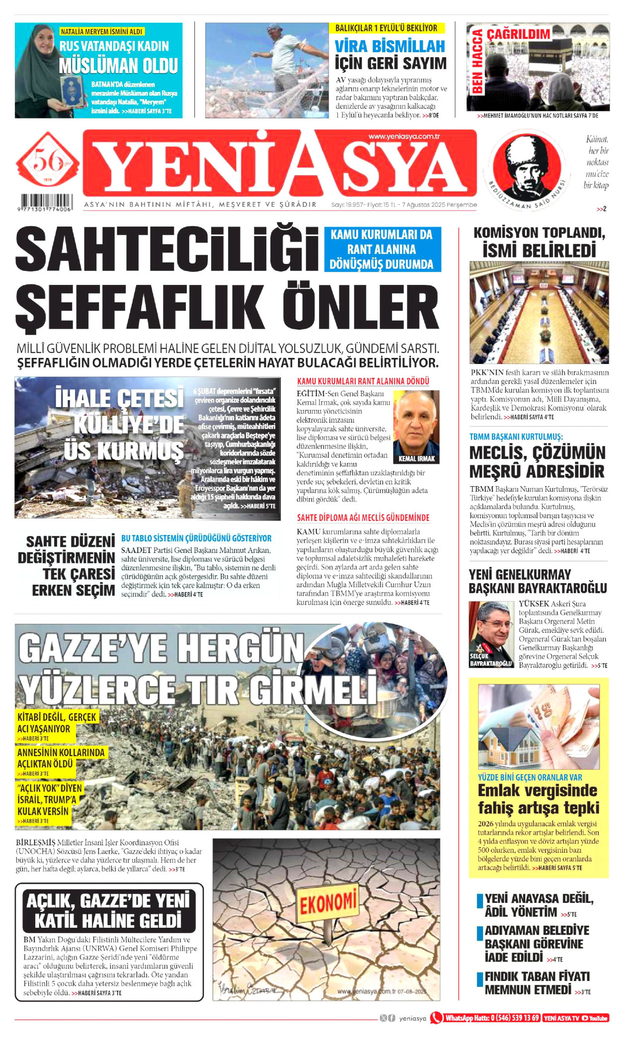 YENİ ASYA gazetesinin 7 Ağustos 2025 tarihli birinci sayfası