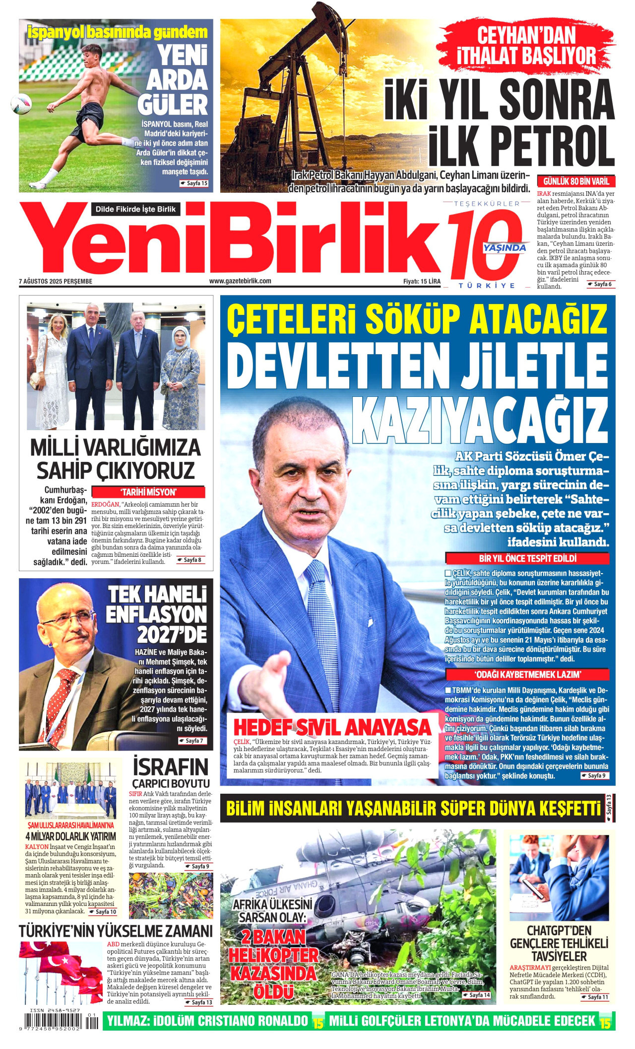 YENİBİRLİK gazetesinin 7 Ağustos 2025 tarihli birinci sayfası