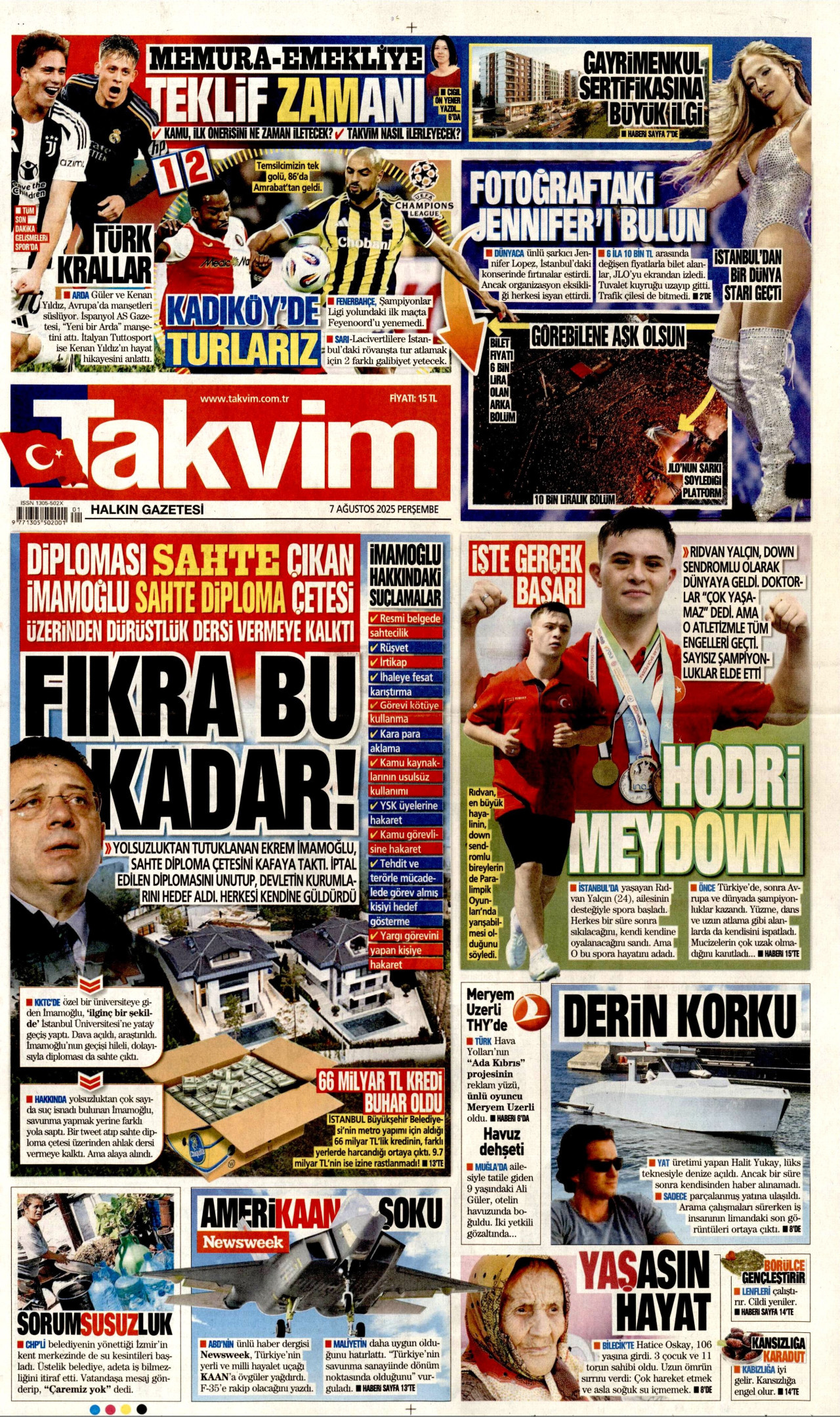 TAKVİM gazetesinin 7 Ağustos 2025 tarihli birinci sayfası