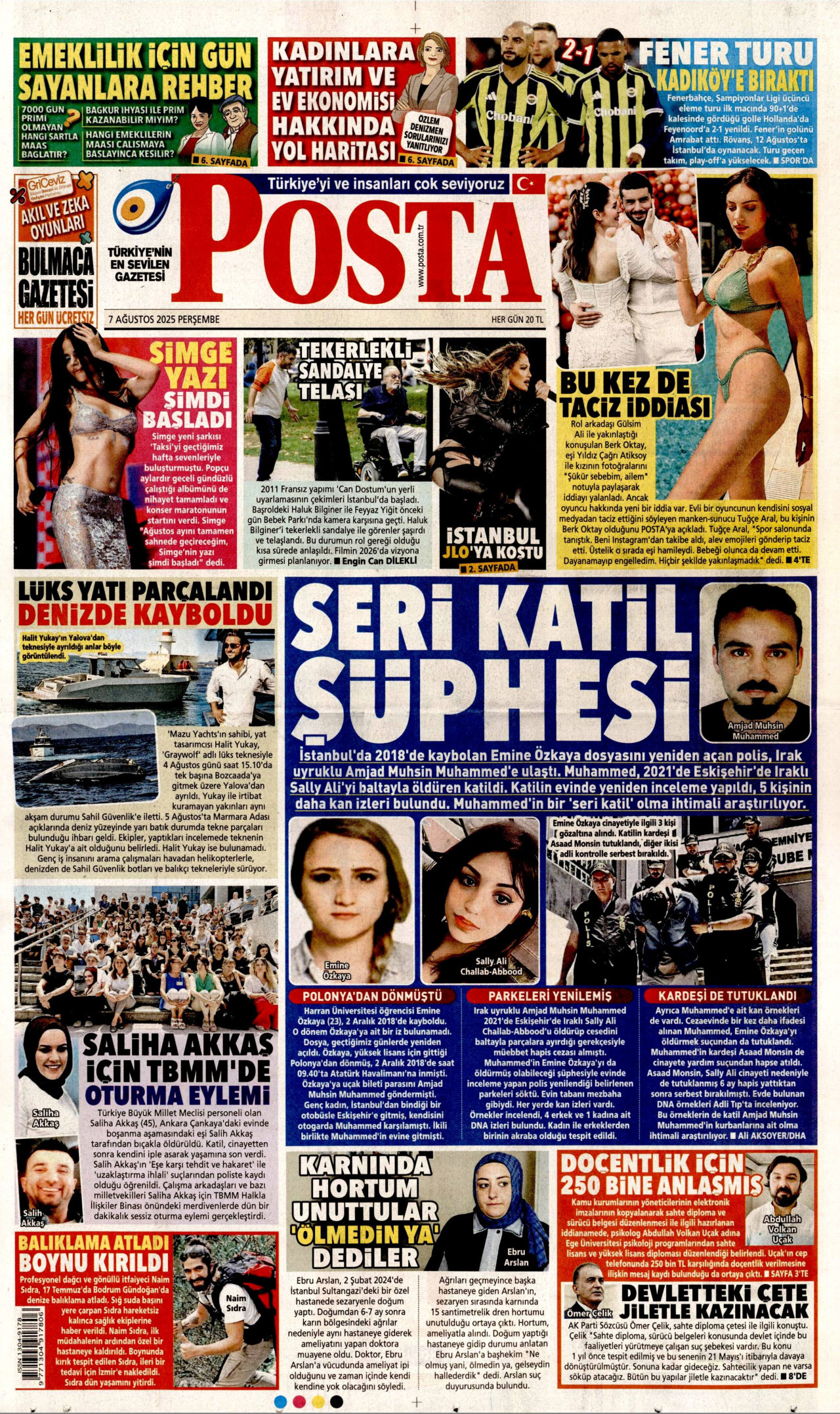 POSTA gazetesinin 7 Ağustos 2025 tarihli birinci sayfası