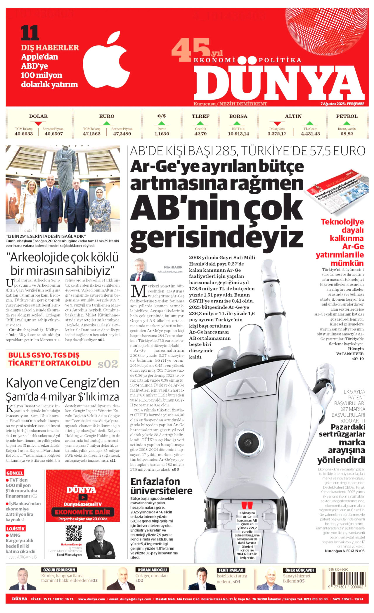 DÜNYA gazetesinin 7 Ağustos 2025 tarihli birinci sayfası