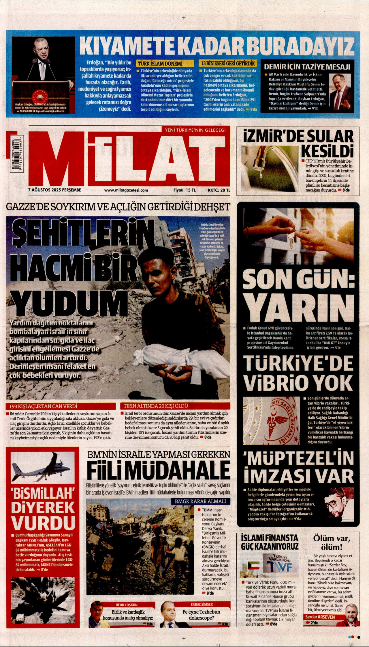MİLAT gazetesinin 7 Ağustos 2025 tarihli birinci sayfası