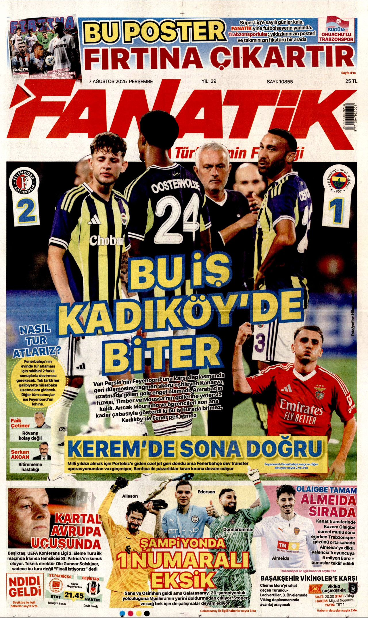 FANATİK gazetesinin 7 Ağustos 2025 tarihli birinci sayfası