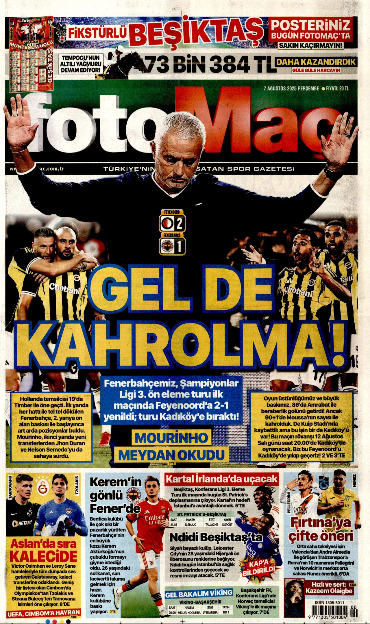 FOTOMAÇ gazetesinin 7 Ağustos 2025 tarihli birinci sayfası