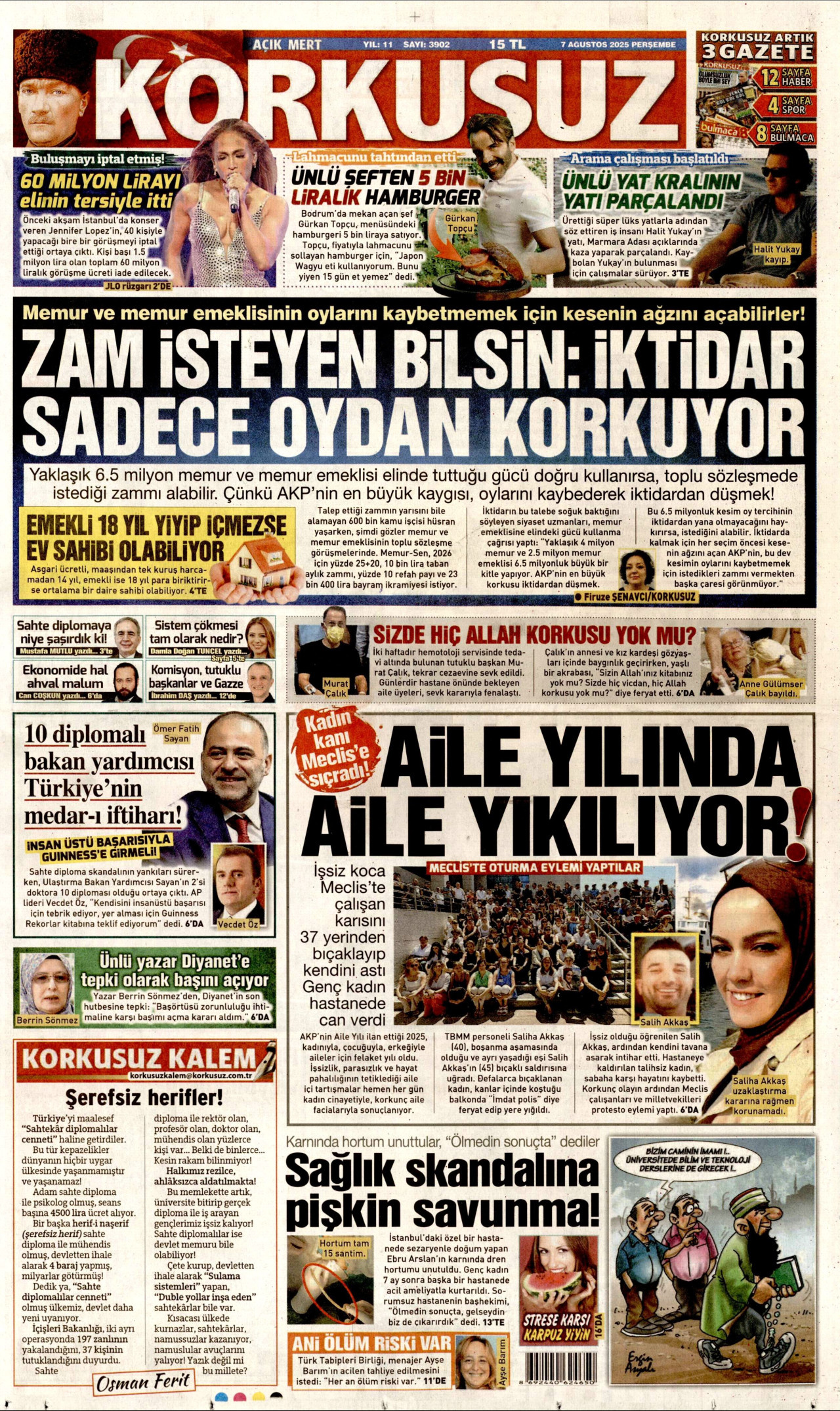 KORKUSUZ gazetesinin 7 Ağustos 2025 tarihli birinci sayfası