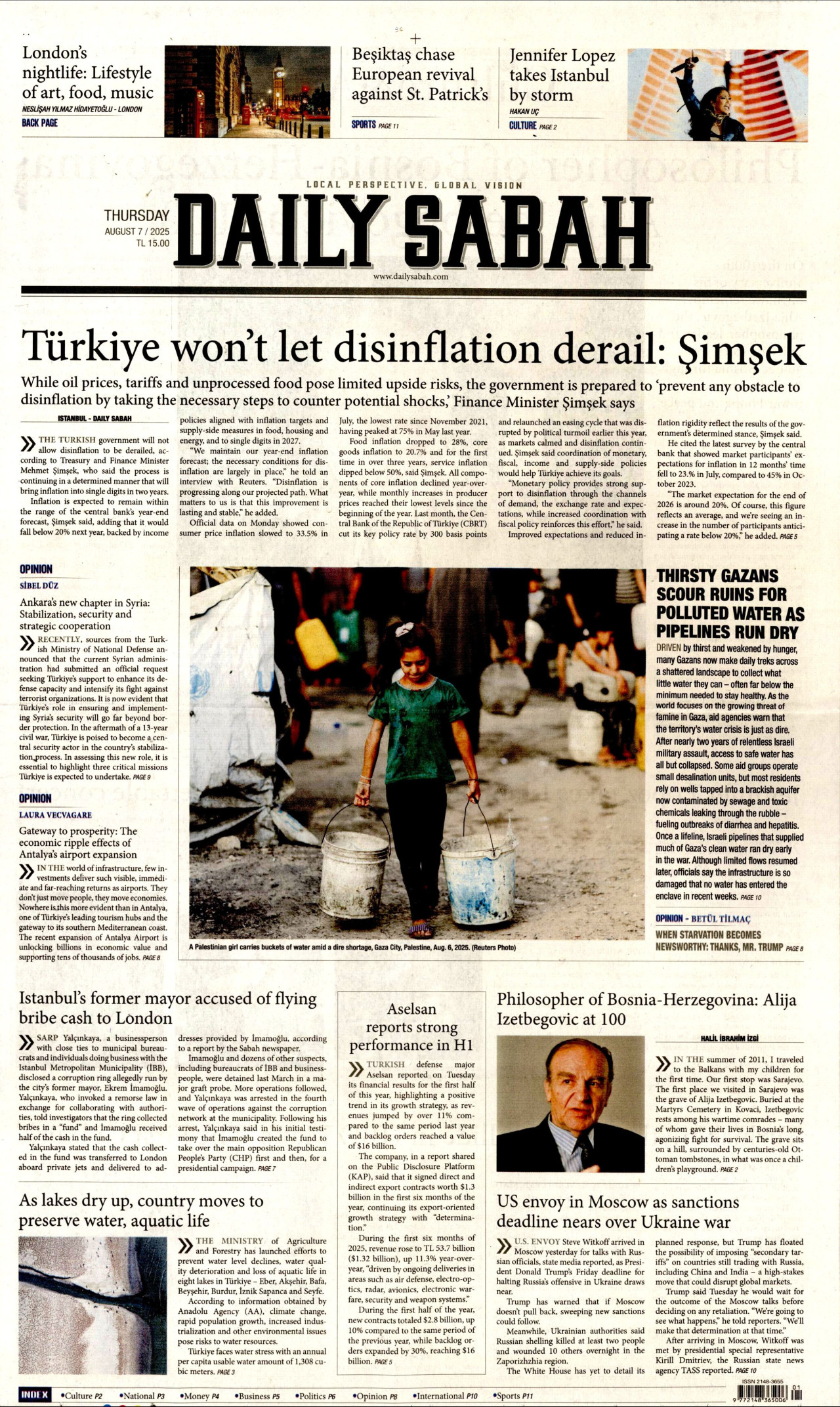 DAİLY SABAH gazetesinin 7 Ağustos 2025 tarihli birinci sayfası
