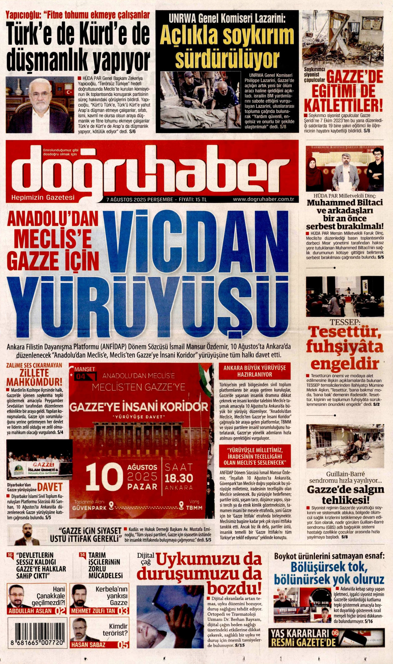 DOĞRU HABER gazetesinin 7 Ağustos 2025 tarihli birinci sayfası
