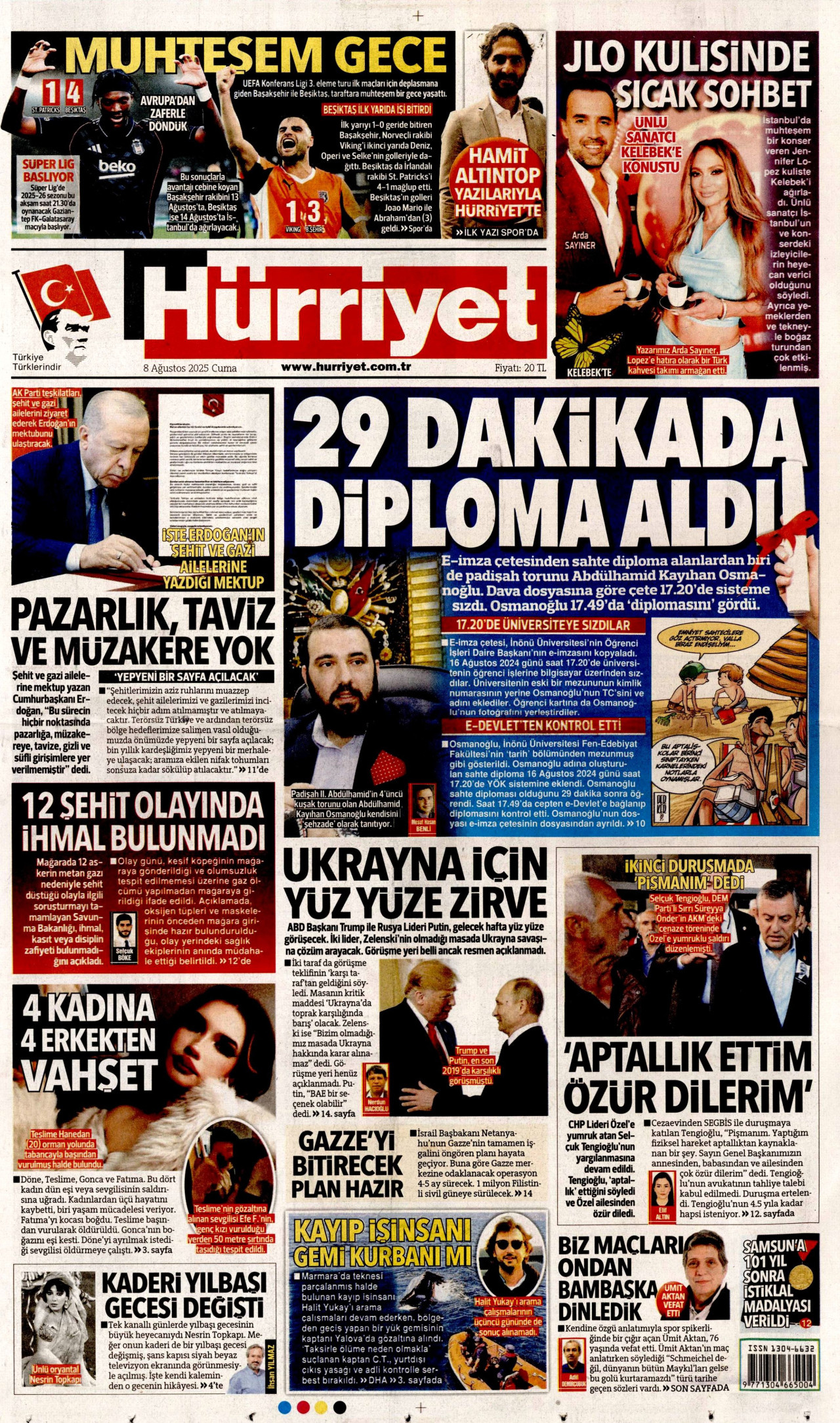 HÜRRİYET gazetesinin 8 Ağustos 2025 tarihli birinci sayfası