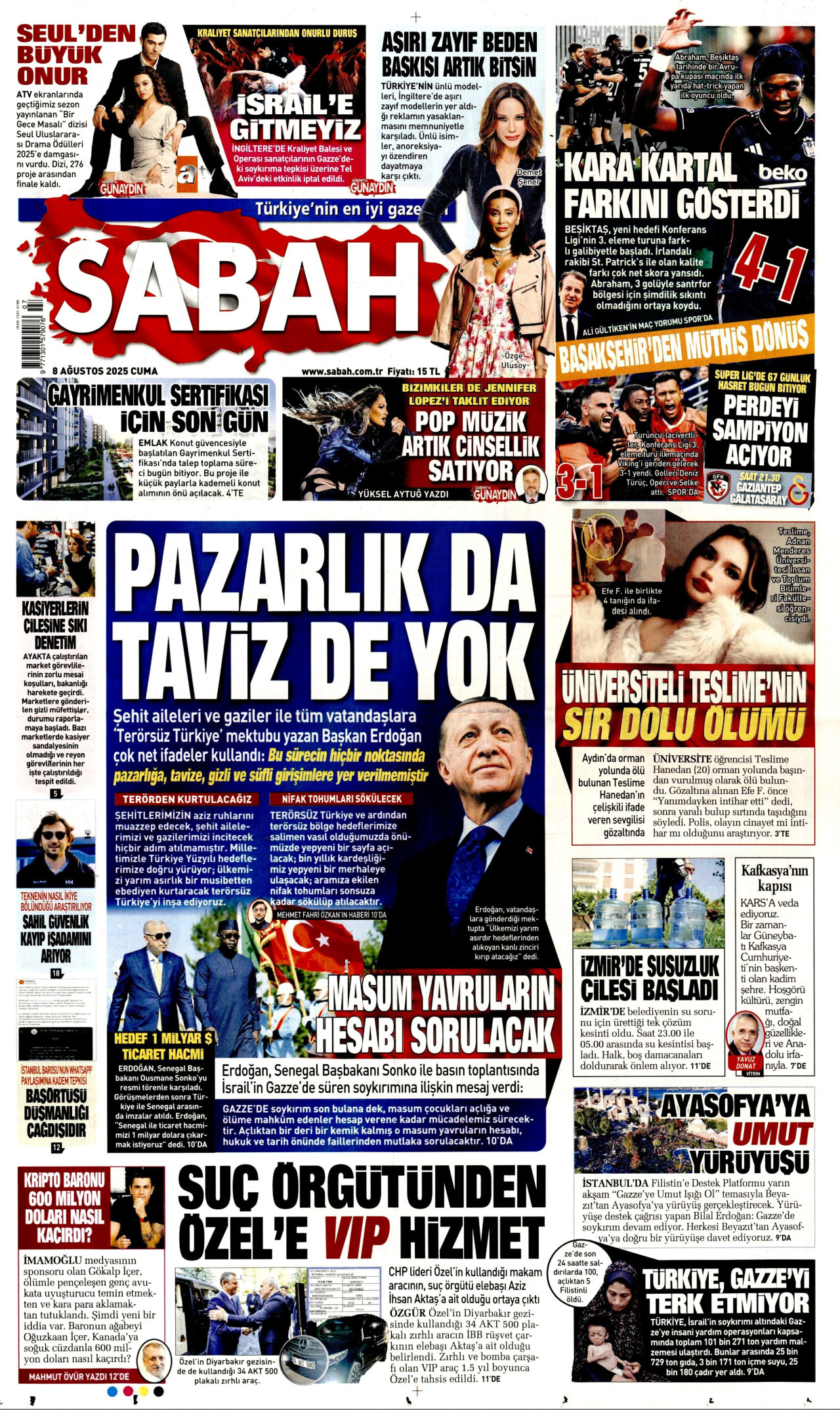 SABAH gazetesinin 8 Ağustos 2025 tarihli birinci sayfası