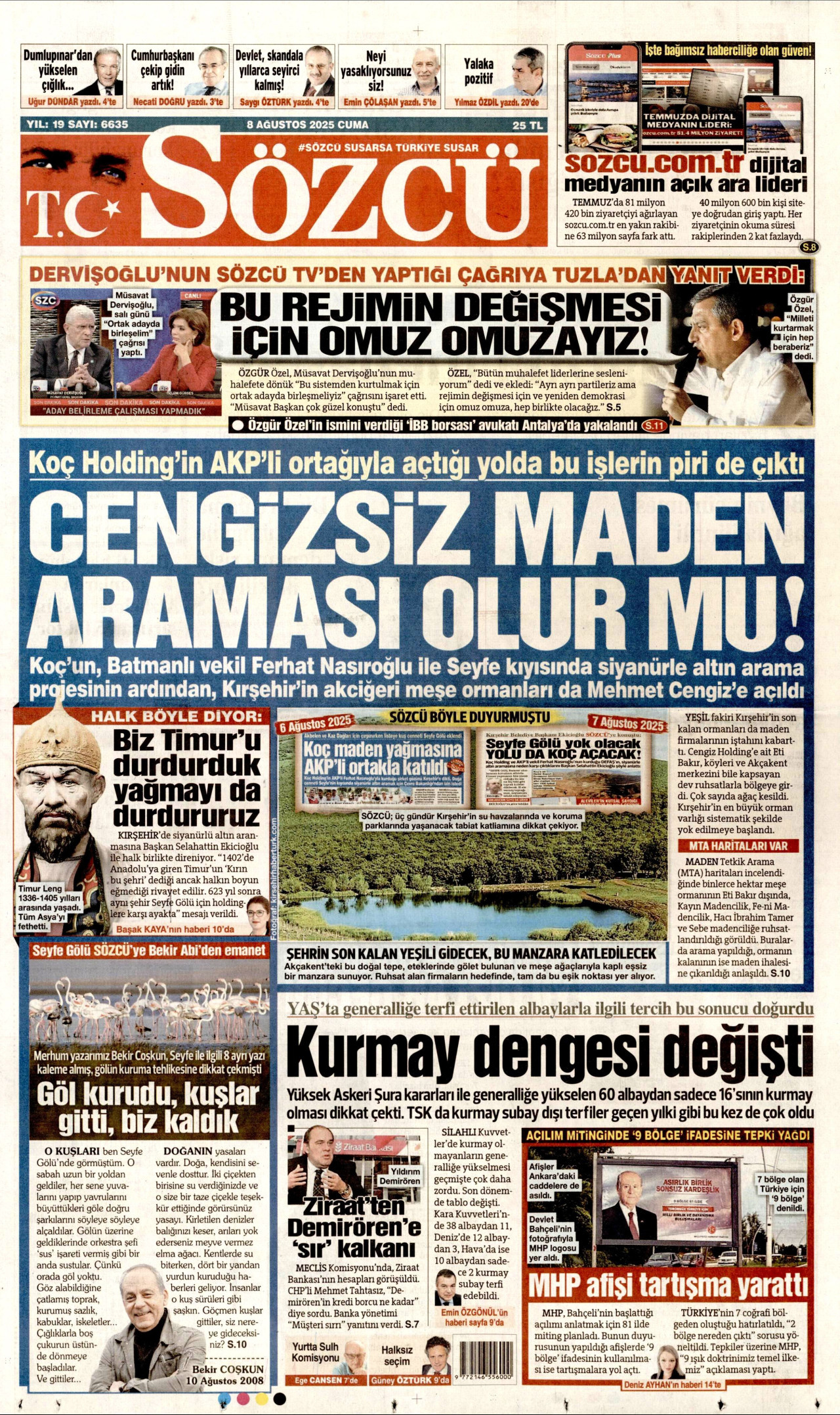 SÖZCÜ gazetesinin 8 Ağustos 2025 tarihli birinci sayfası