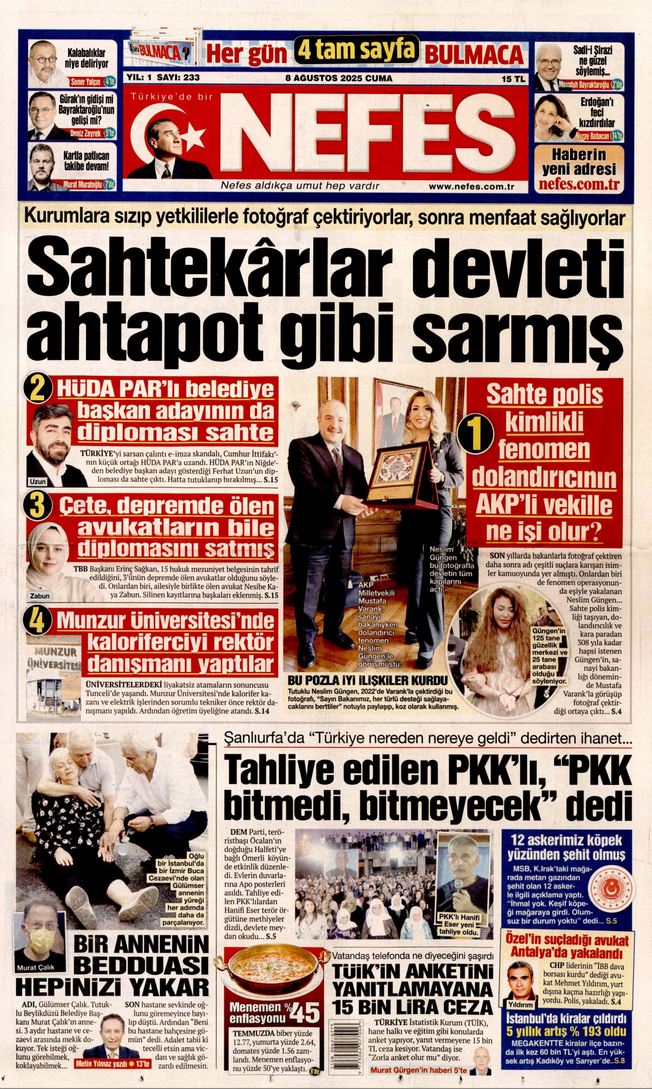NEFES gazetesinin 8 Ağustos 2025 tarihli birinci sayfası