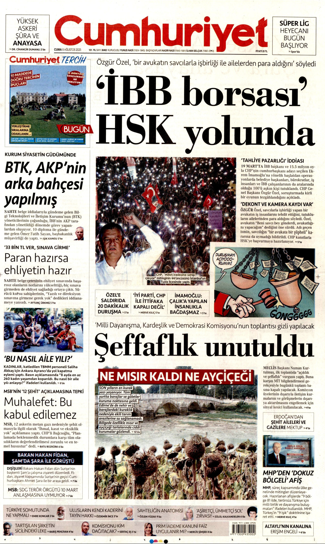 CUMHURİYET gazetesinin 8 Ağustos 2025 tarihli birinci sayfası