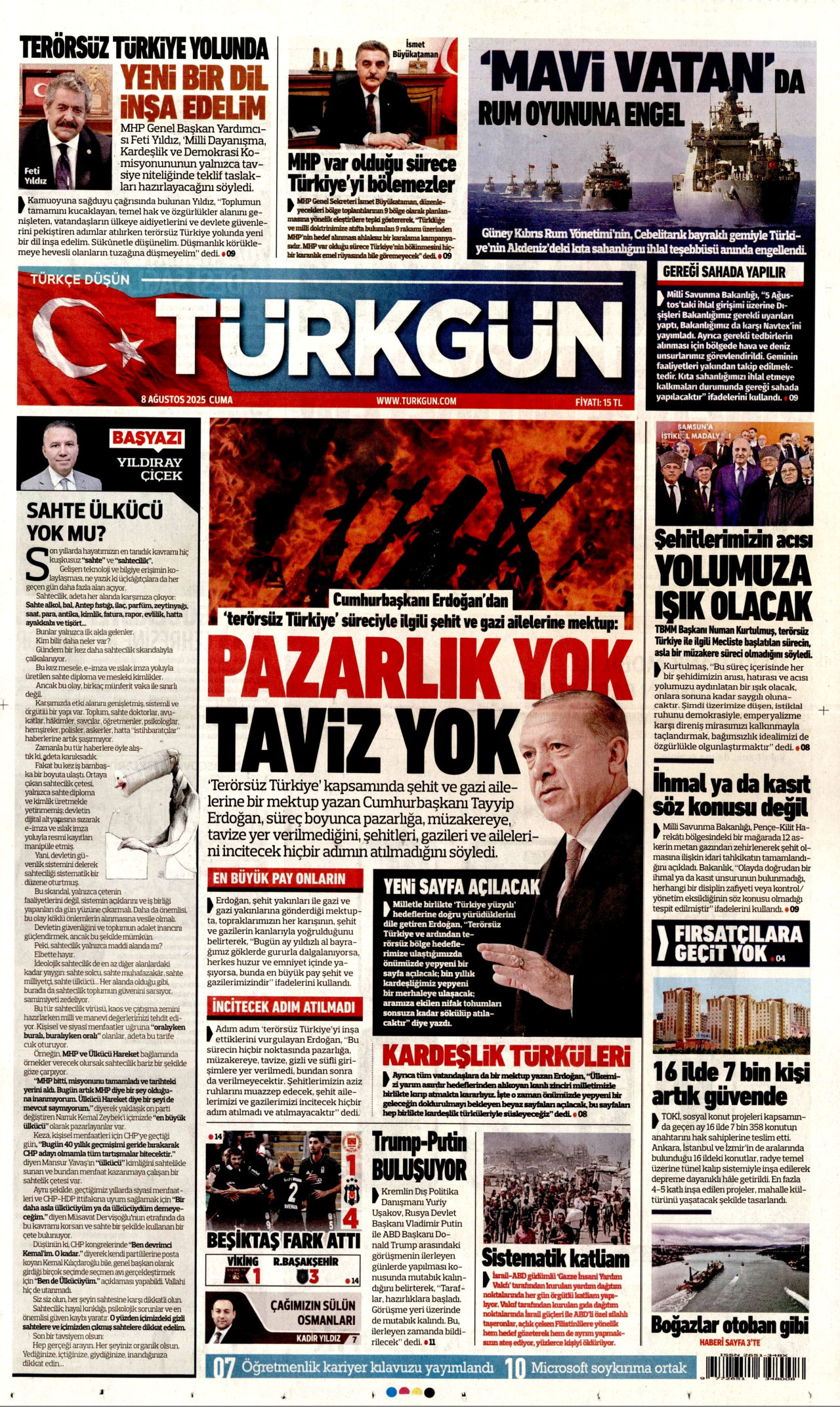 TÜRKGÜN gazetesinin 8 Ağustos 2025 tarihli birinci sayfası