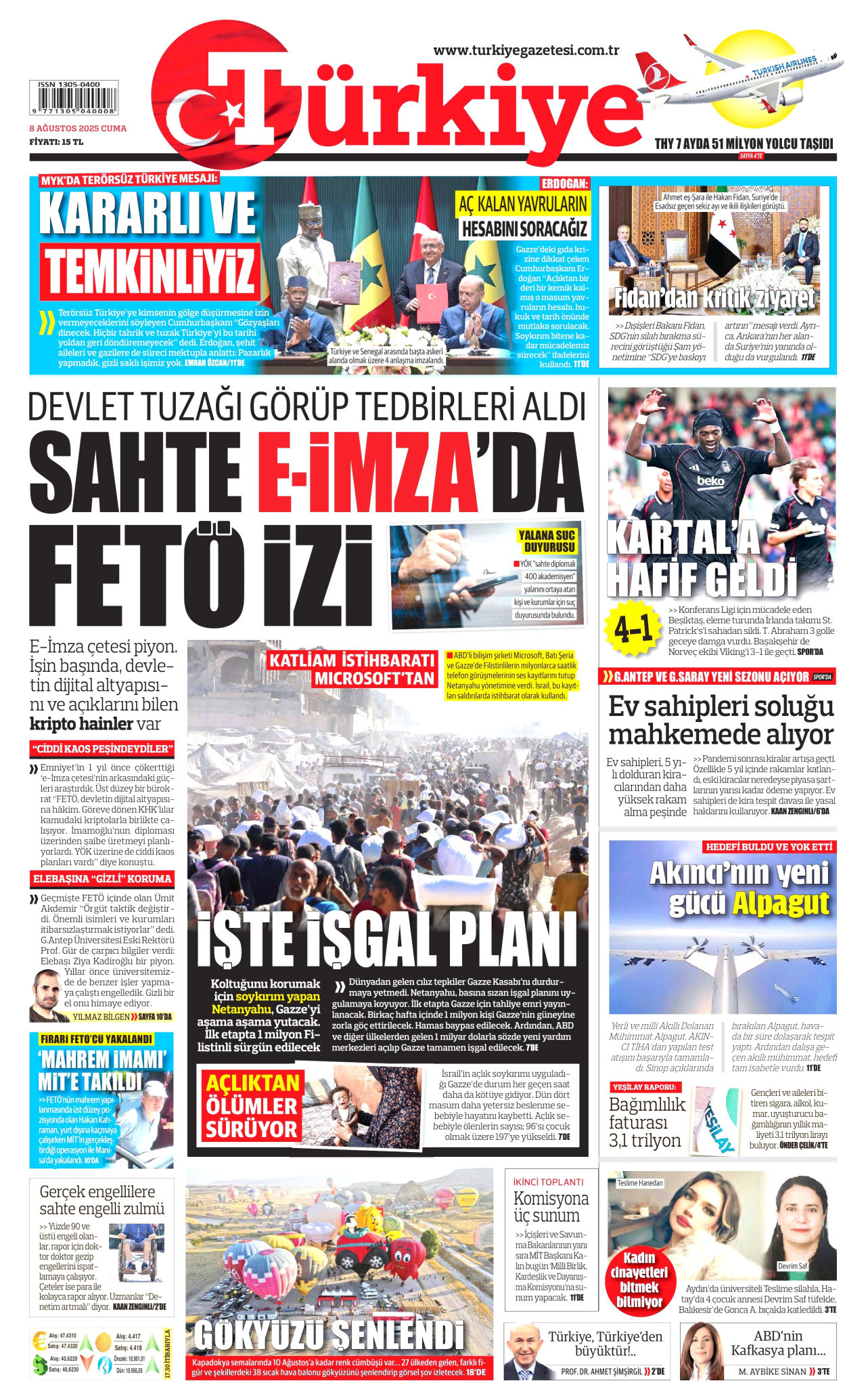 TÜRKİYE GAZETESİ gazetesinin 8 Ağustos 2025 tarihli birinci sayfası
