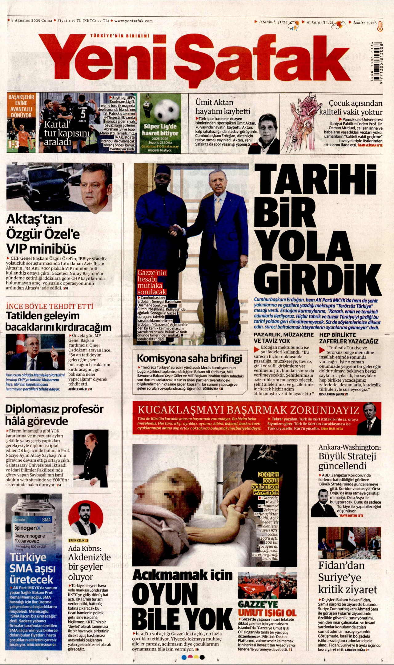 YENİ ŞAFAK gazetesinin 8 Ağustos 2025 tarihli birinci sayfası