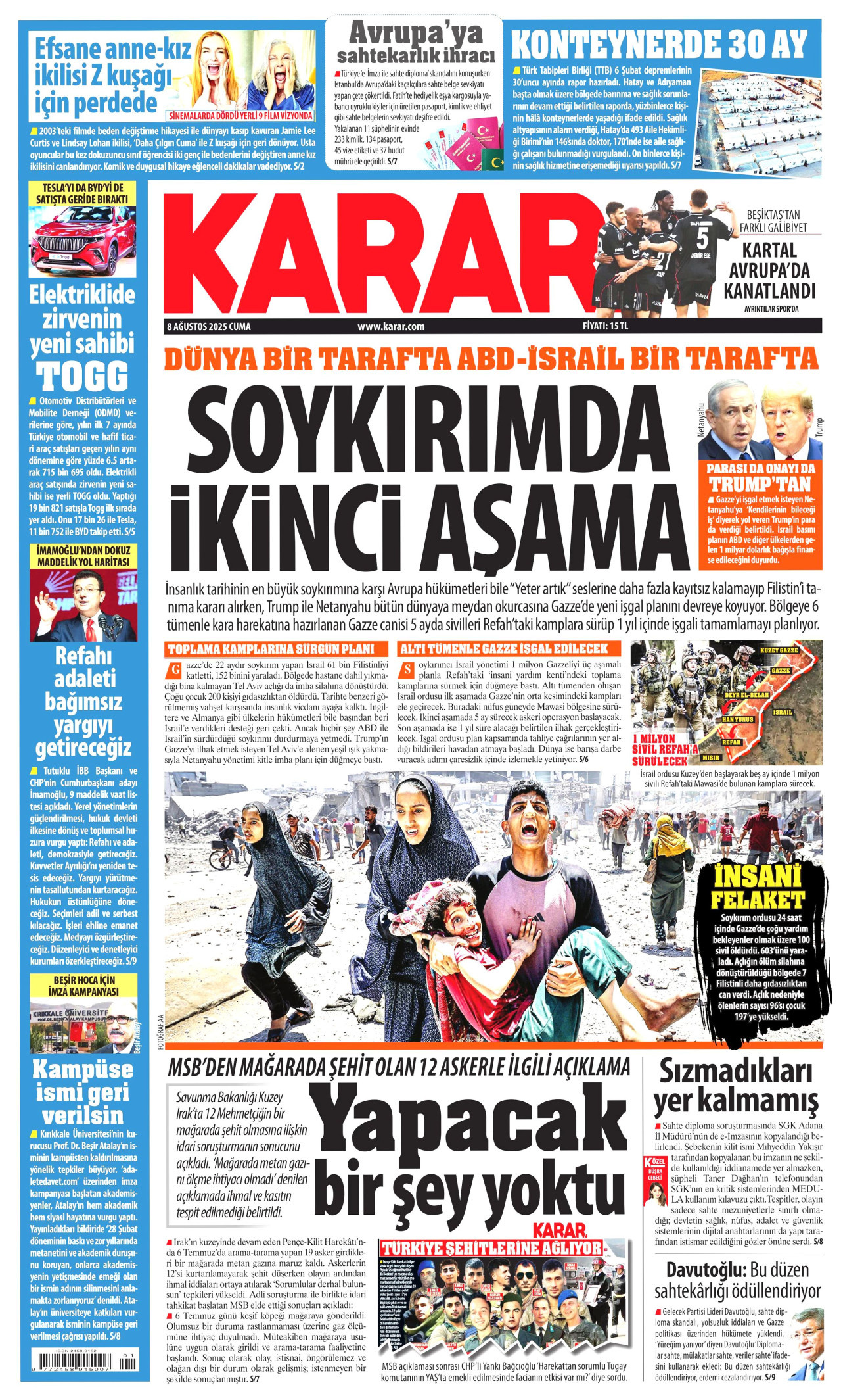 KARAR gazetesinin 8 Ağustos 2025 tarihli birinci sayfası