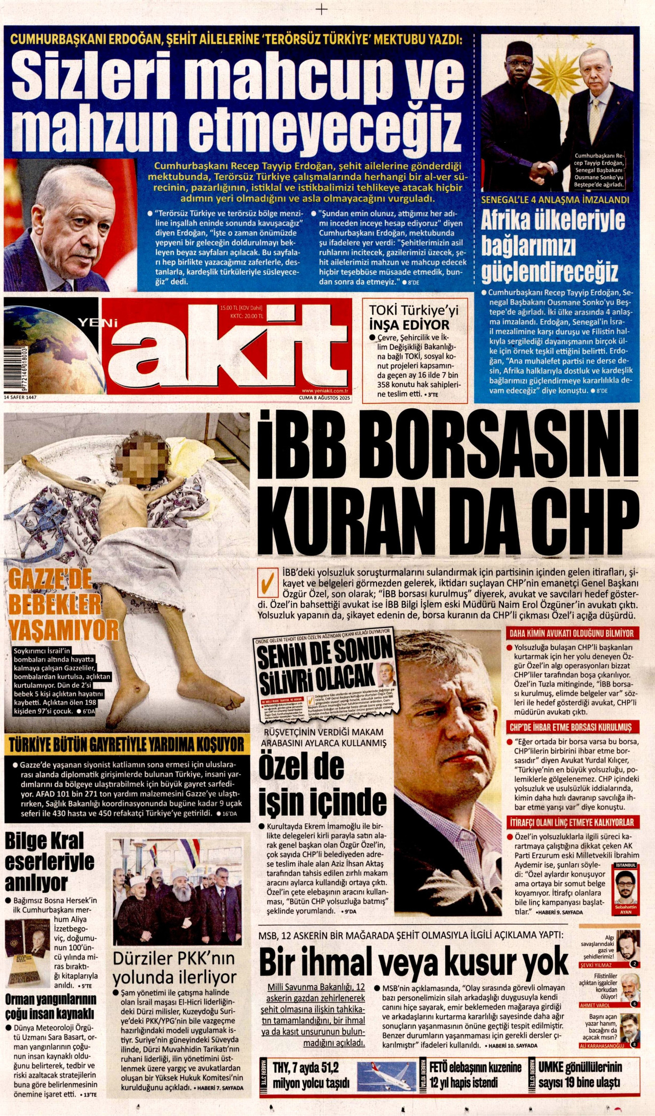 YENİ AKİT gazetesinin 8 Ağustos 2025 tarihli birinci sayfası