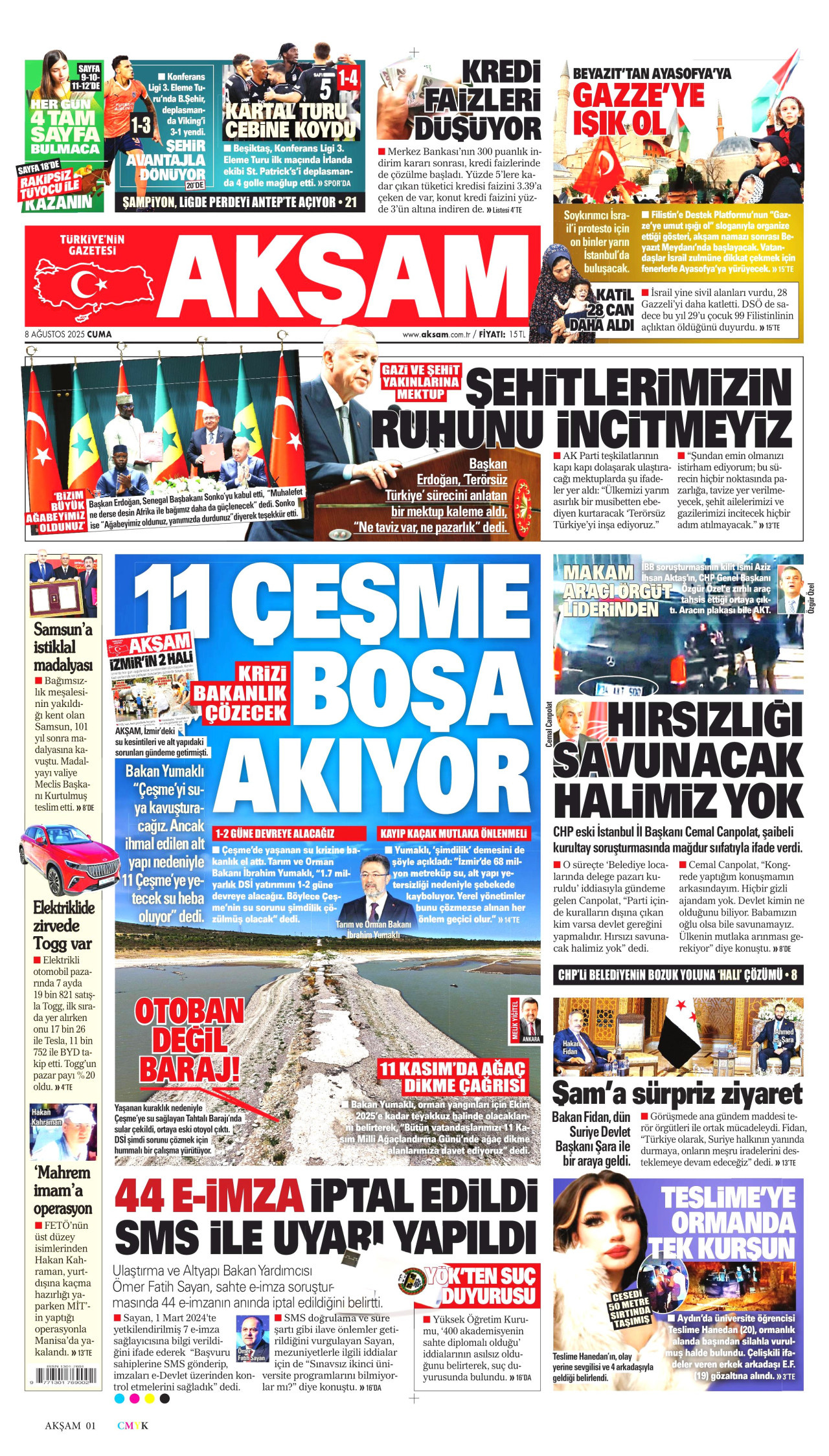 AKŞAM gazetesinin 8 Ağustos 2025 tarihli birinci sayfası