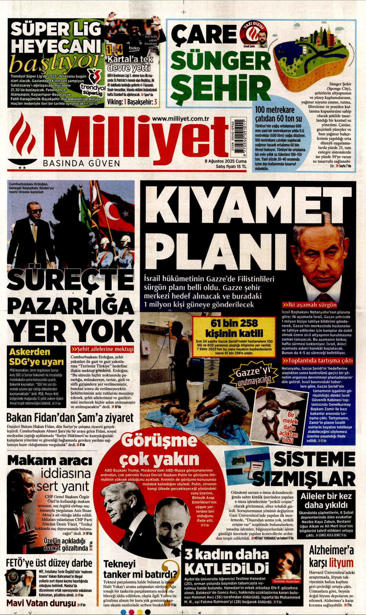 MİLLİYET gazetesinin 8 Ağustos 2025 tarihli birinci sayfası
