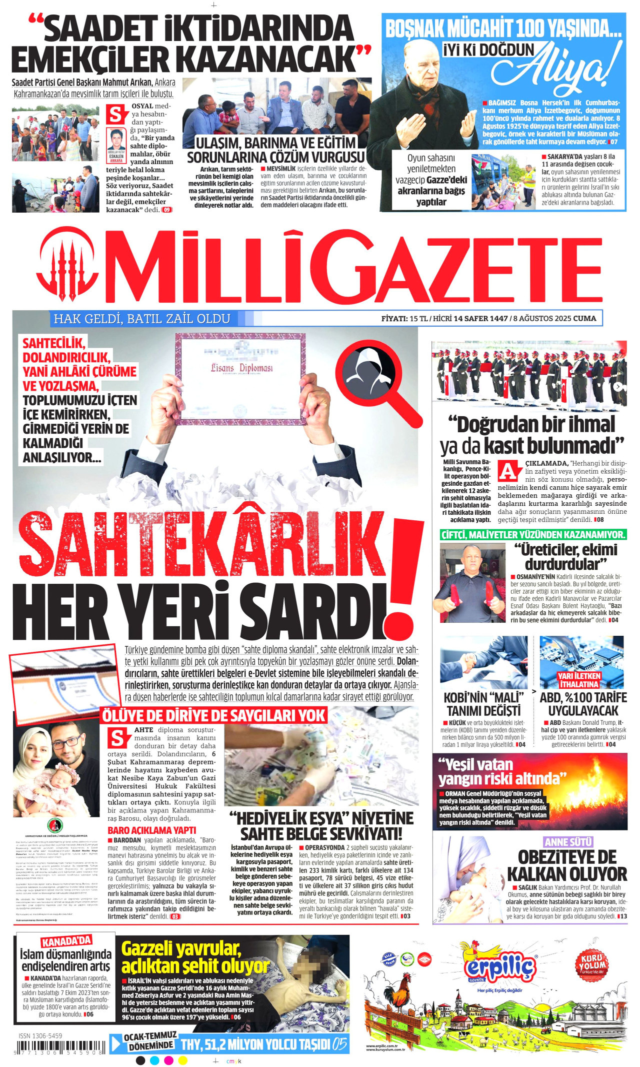 MİLLİ GAZETE gazetesinin 8 Ağustos 2025 tarihli birinci sayfası