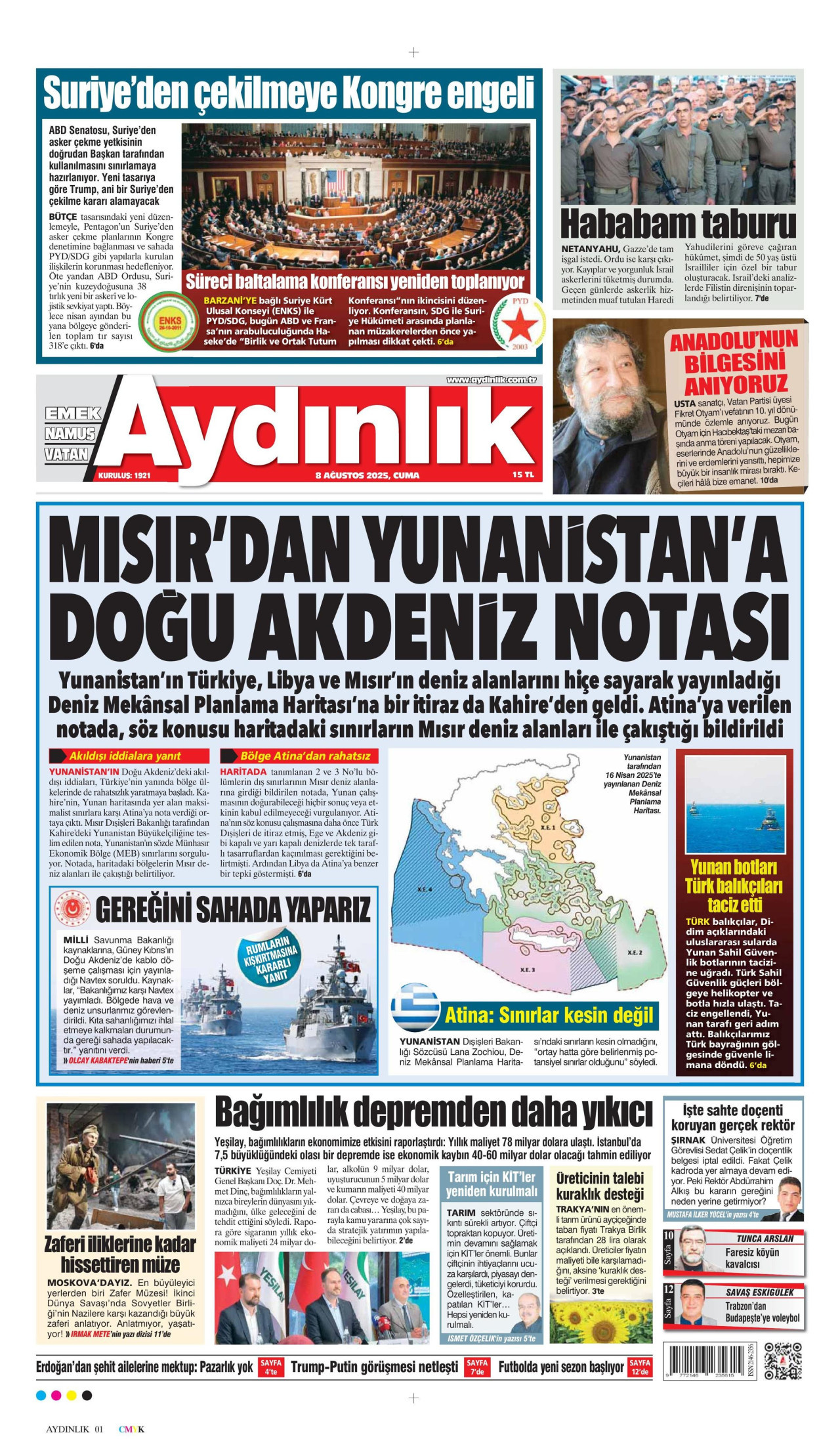 AYDINLIK GAZETESİ gazetesinin 8 Ağustos 2025 tarihli birinci sayfası