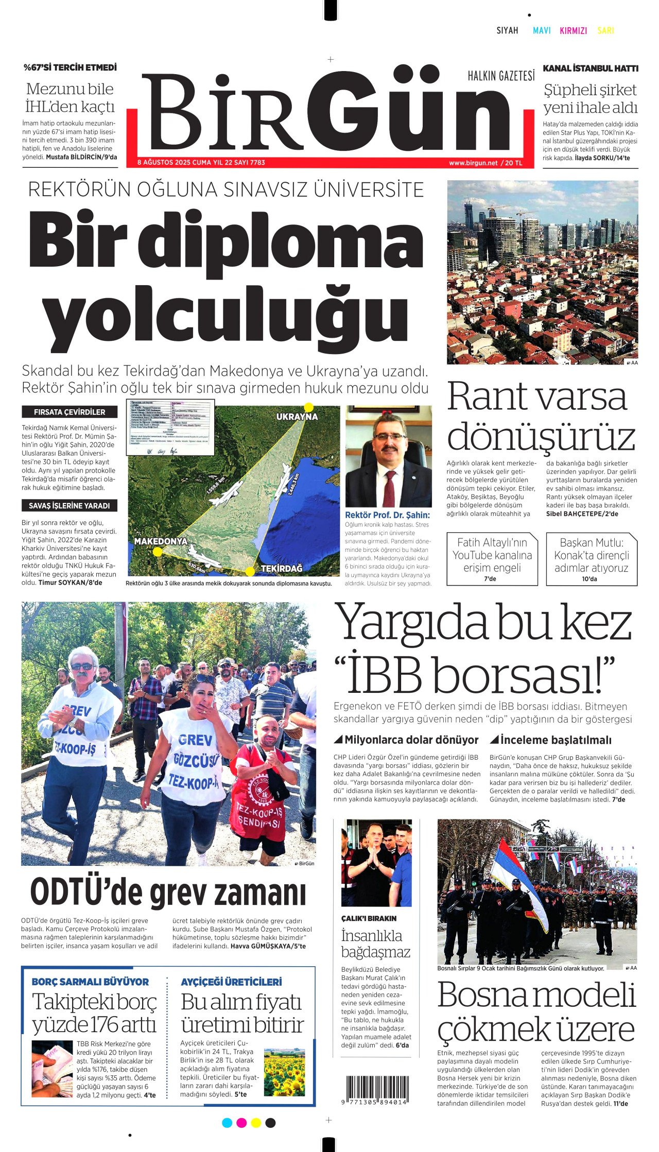 BİRGÜN gazetesinin 8 Ağustos 2025 tarihli birinci sayfası