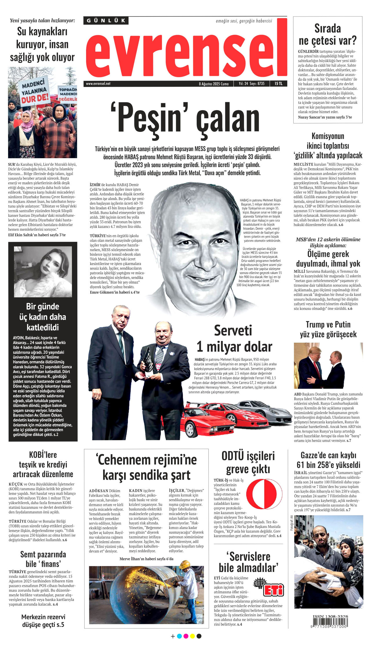 EVRENSEL gazetesinin 8 Ağustos 2025 tarihli birinci sayfası